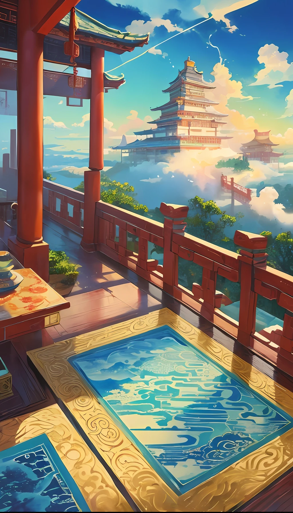 The game scene, the ancient Chinese palace is located above the clouds, surrounded by clouds and mist, majestic, glazed tiles, Buddha statues, colorful rays of light, ((color ink)),((splash ink)),((splash ink) ink}) ), masterpiece, high quality, exquisite graphics, high detail