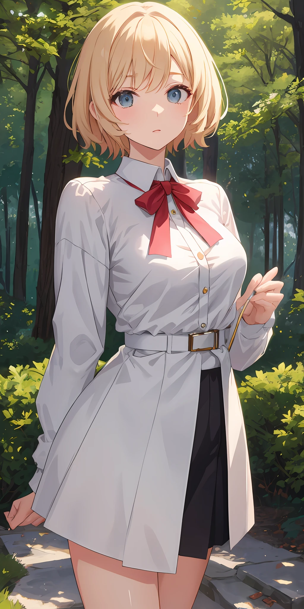 [[anime style]], [[digital art]], [[Wlop]], a college girl wearing a white blouse with long sleeves, [[short Chanel]] hair, forest background with [[Sakura trees]], dark, neutral lighting, [[almost no lighting]].
