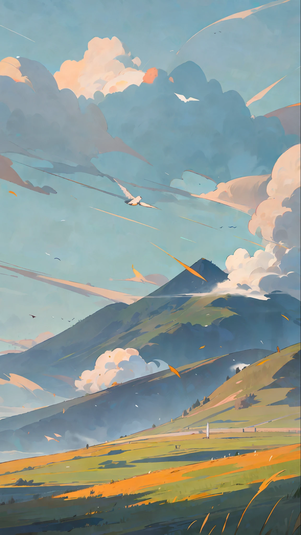 Poster design, the wind gently blows through the green grass, and in the distance is a large area of neatly arranged farmland, as well as mountains, the sky is very blue, a large beautiful cloud, and swallows fly in the sky