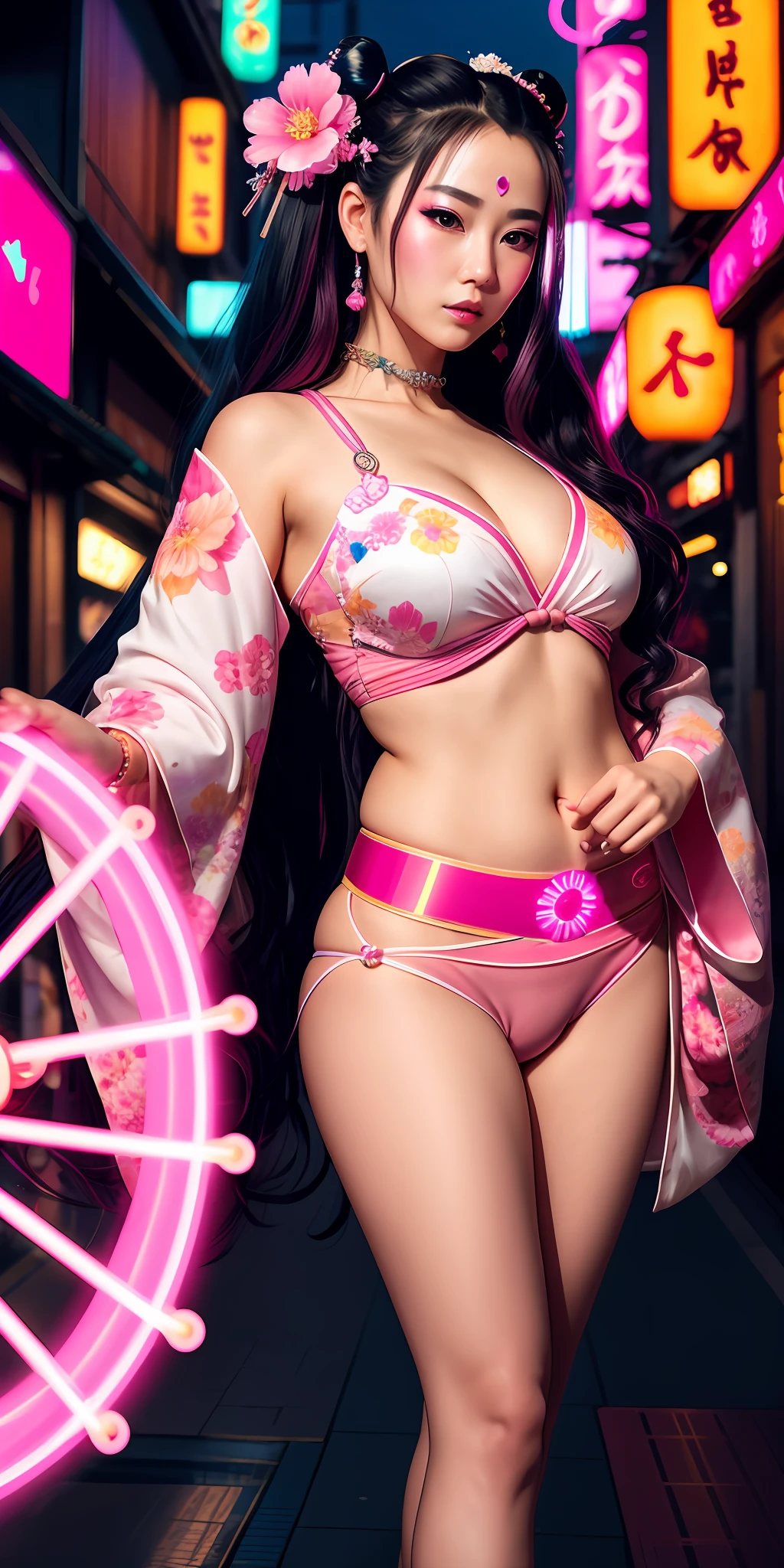 Beautiful young sweet cyberpunk geisha queen with flowing hair, hyper realistic, wearing pink and white kimono with neon flowers drawn, holding glowing neon fan, wearing bejeweled rings and bracelets, walking in cyberpunk Japan.