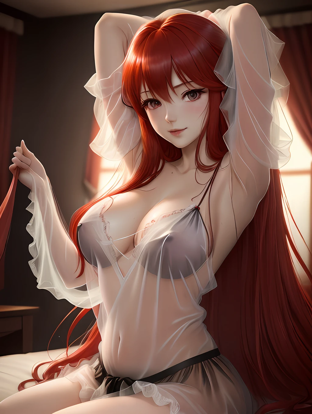 Rias Gremory, loose tulle blouse, wet, bedroom, bed, sensual, old light, romantic, stunning body, pure sensuality, seduction, long wet red hair, delicate skin, soaking wet(best quality, artwork, 8K , 35mm lens, Sony R7, RAW style)