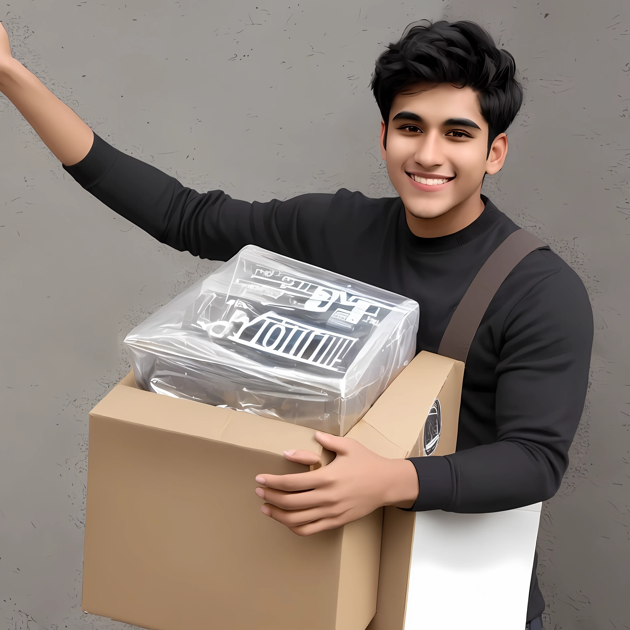 1 Young brown man with straight black hair holding an open cardboard box with a smile on his face (hyperdetailed)
