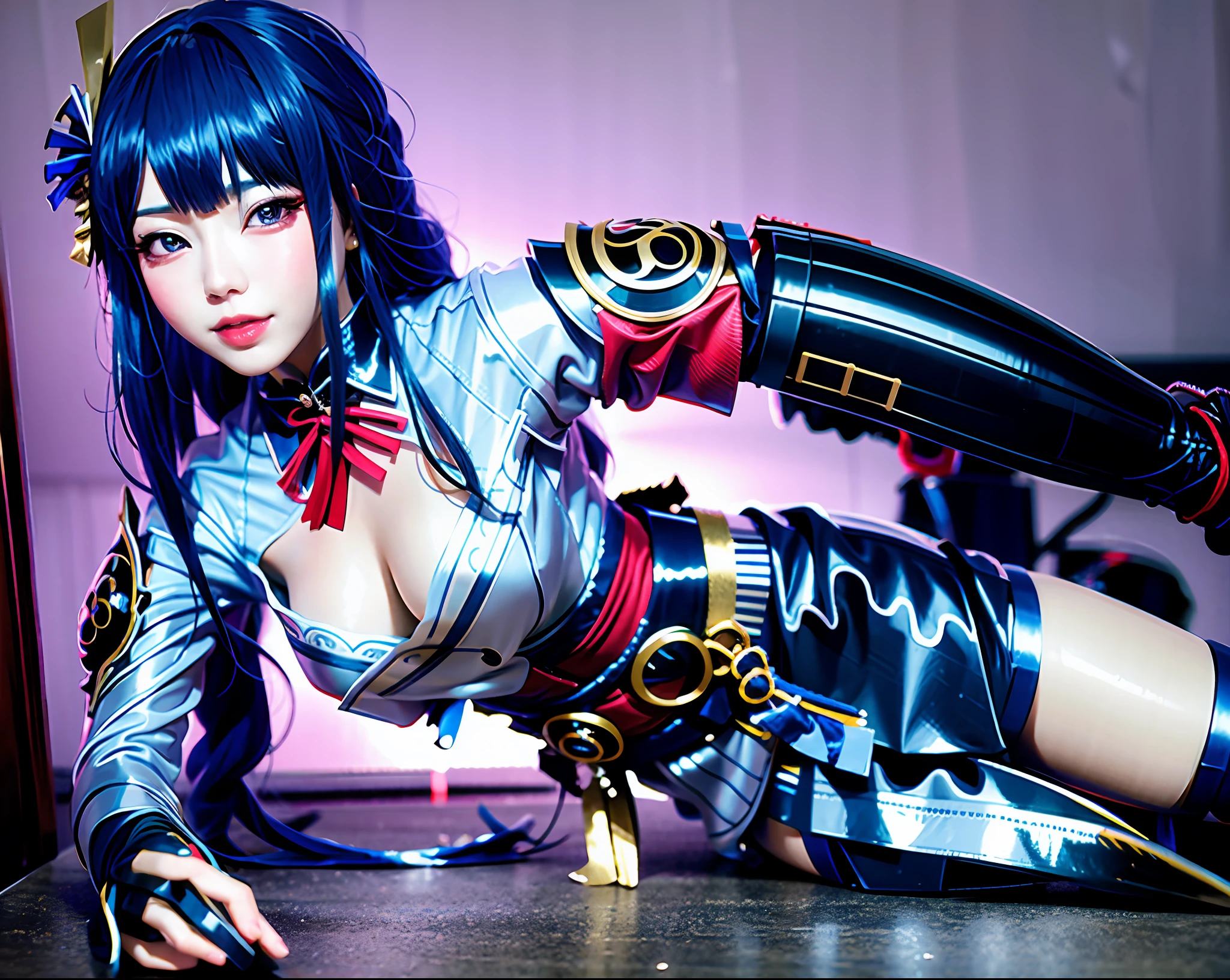High-quality, clear photos, Korean women, beauty, beauty, beautiful girl, clothes latex texture, silver shape, seductive smile, sexy, sexuality, five senses, gorgeous, professional photographers take pictures, colorful lighting,