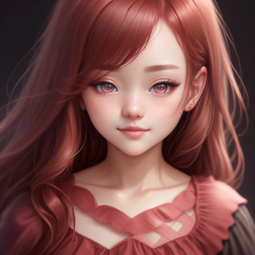 absurdres, 1girl, star eye, blush, (realistic:1.5), (masterpiece, Extremely detailed CG unity 8k wallpaper, best quality, highres:1.2), (ultra_detailed, UHD:1.2), (pixiv:1.3), perfect illumination, distinct, (bishoujo:1.2), looking at viewer, unreal engine, sidelighting, perfect face, detailed face, beautiful eyes, pretty face, (bright skin:1.3), idol, (abs), ulzzang-6500-v1.1, soft smile, upper body, (dark red hair), (simple background), ((dark background)), (depth of field), close-up, selfie
