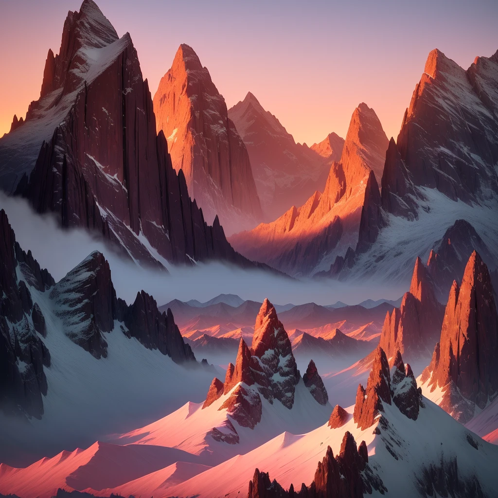 A captivating synthwave mountain range at sunrise, bathed in warm hues of orange and pink. The peaks are sharp and majestic, towering over a serene valley dotted with shimmering lakes. The sky is scattered with fluffy clouds, casting soft shadows on the landscape. The atmosphere is peaceful and awe-inspiring, invoking a sense of tranquility and adventure. Sculpture, crafted from metal with meticulous attention to detail, capturing the rugged beauty of the mountains, --ar 1:1 --v 5
