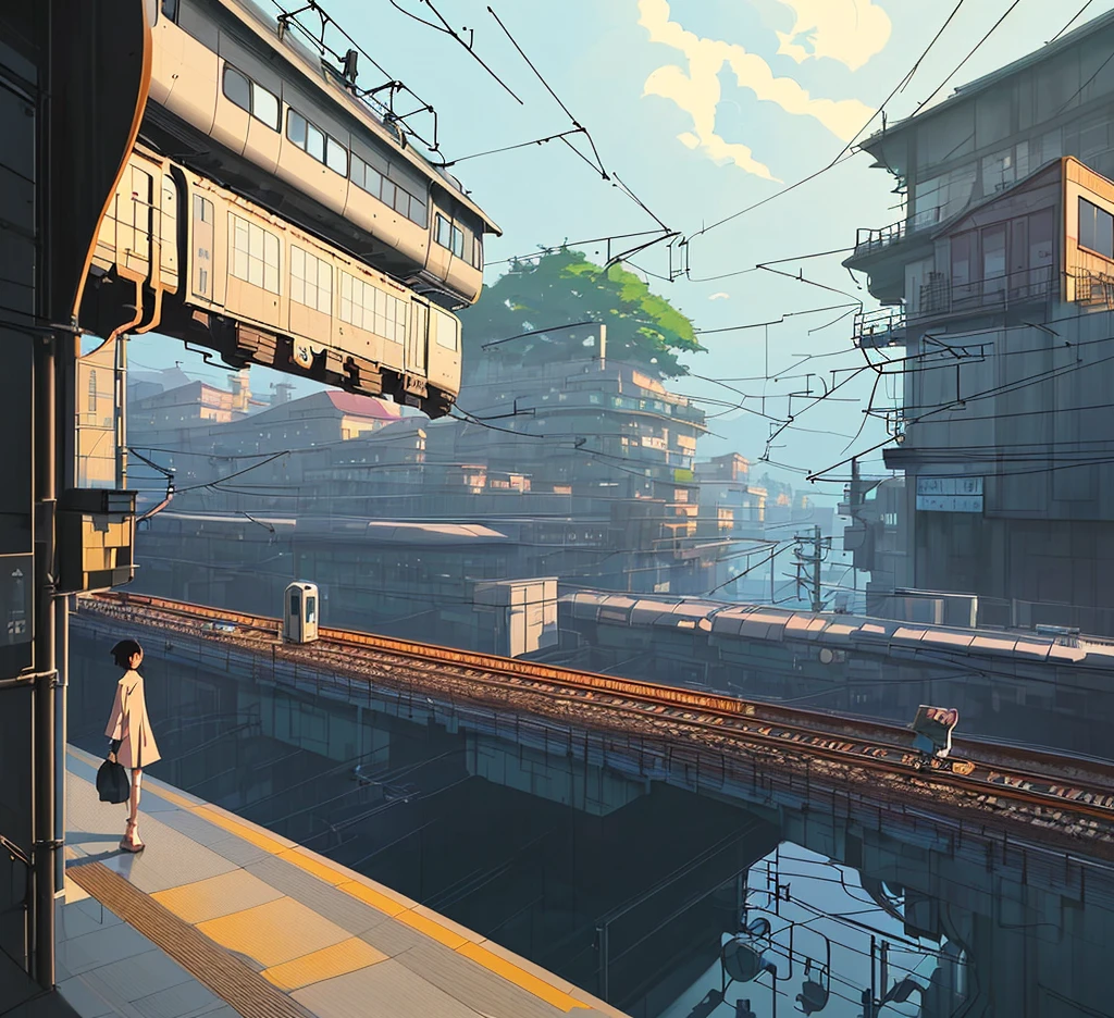 there is a woman walking on the platform next to a train, a digital painting by Kose Kanaoka, trending on cg society, conceptual art, reflections. by makoto shinkai, style of makoto shinkai, beautiful digital artwork, artwork in the style of guweiz, nostalgic melancholic artwork, by makoto shinkai