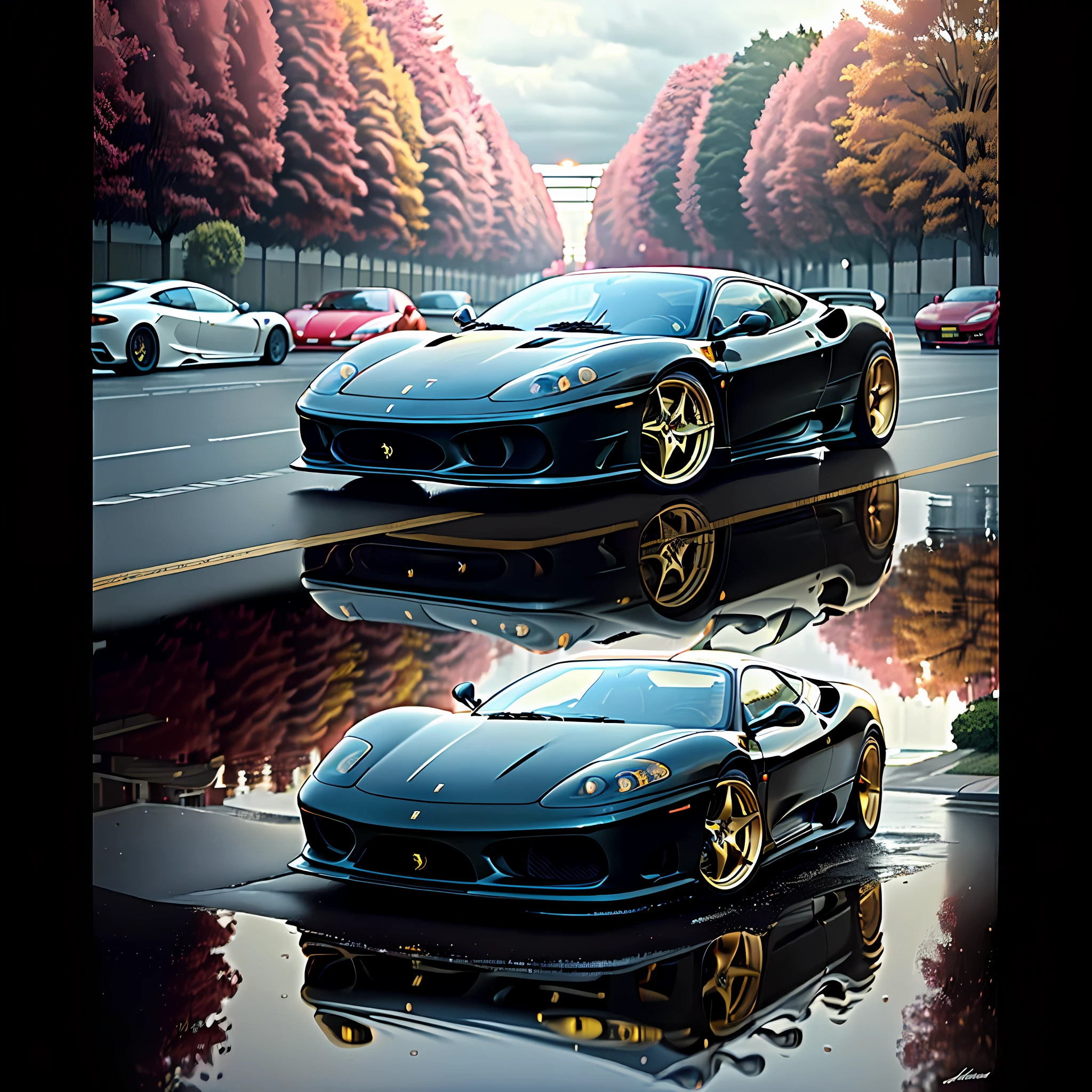Ultra realistic 35mm photograph of a Ferrari 360 Modena Liberty Walk black, with golden wheels, with golden details, parked diagonally on the street after the rain with splashes of water on the bodywork, cinematic city and some trees with pink leaves, dramatic lighting, ultra resolution, surrealism, reflections on the ground and cloudy sky