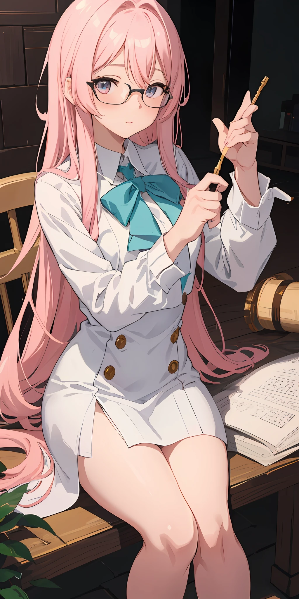 (2d cute anime:1.3). Fantasy. Irene Bae JooHyun, sitting, detailed white sweater. half body portrait, Vixip, design by Yusuke Kozaki, oil by Gregory Manchess. stunningly beautiful, golden eyeglasses, pink hair, blush, humble, curvy, table, home, hands. Hand drawing illustration. highly detailed. Cinematic lighting. By sumic.mic