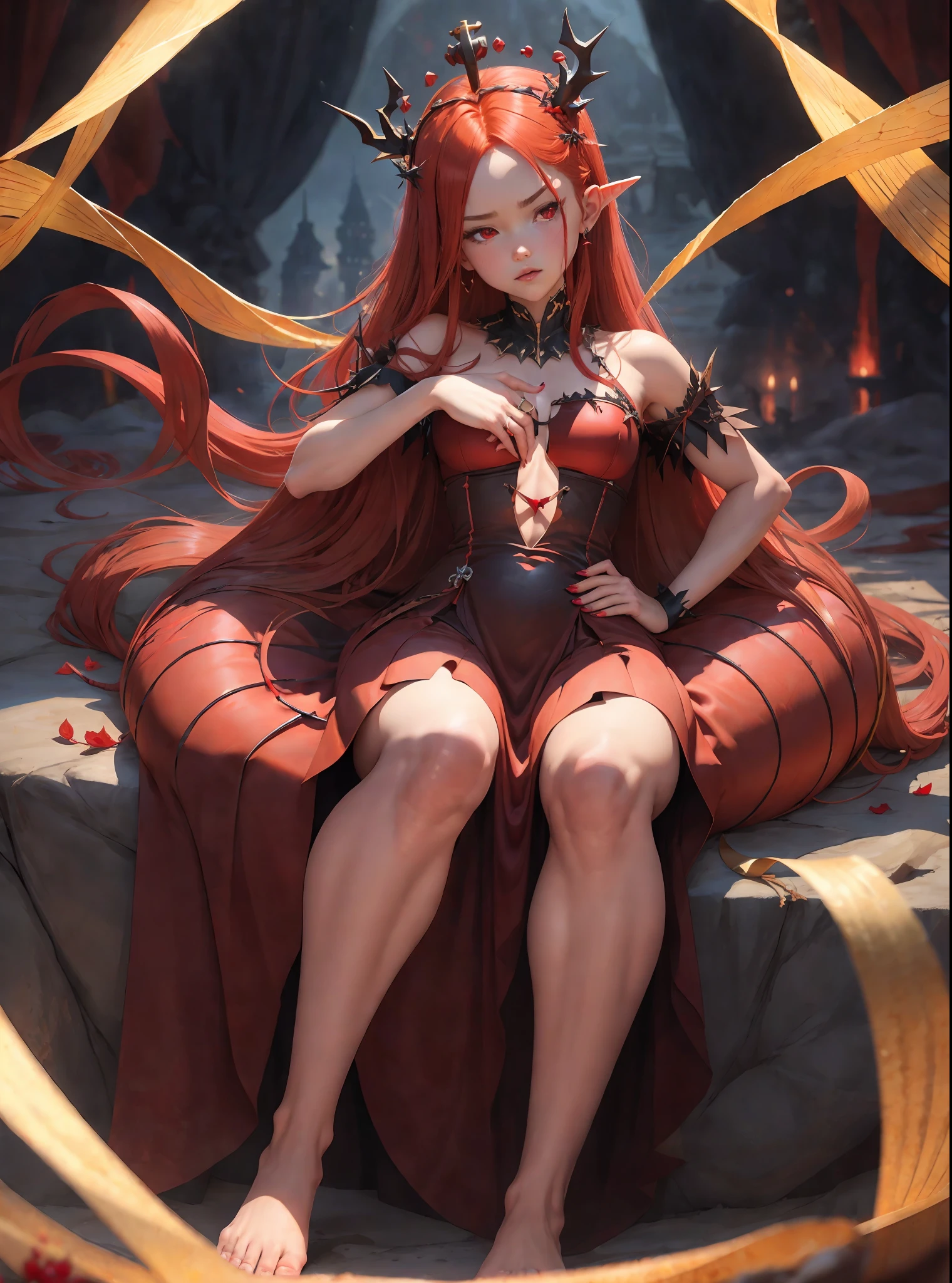 sensible physique, perfect anatomy, slender, anatomical poses, perfect body, perfect muscles, perfect perspective, quality design, toddler body, arch contours, bare feet, red dress, big red thorns ribbon, girl with red nails, tail with big long red thorns, infant body, red scales, red eyes, city, red hair, ahoge, crown of very large thorns, long red hair, dark night, two ears Hidden hair, sexy, long skirt, flying black petals, two-jointed arched thumb, two-jointed arched index finger, two-jointed arched middle finger, two joints Arched ring finger, double-jointed little finger, round glossy red nail polish, thorns, spines, double-jointed arched thumb, double-jointed arc Index finger of the hand, middle finger of the two-jointed arcing hand, ring finger of the two-jointed arcing hand, little finger of the two-jointed arcing hand, dim smoke at the feet, serious face, palm Put both hands in front of you, cross your legs