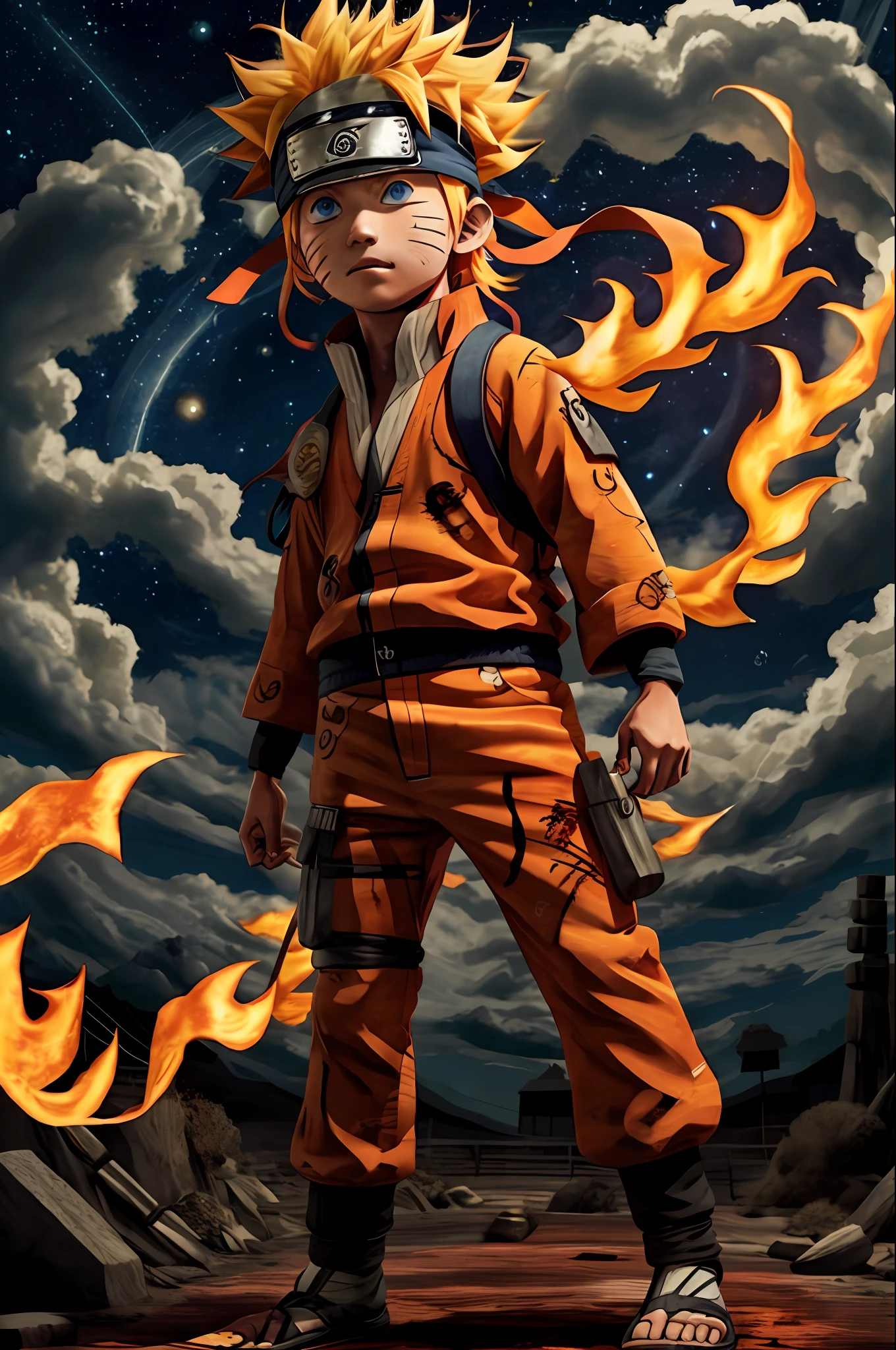 Naruto, 1boy, messy hair, blue eyes, headband, Akatsuki robe, activated sharingan, amaterasu, intense shadow, night sky background, starry night, 9 flaming tails (9 flaming tails).