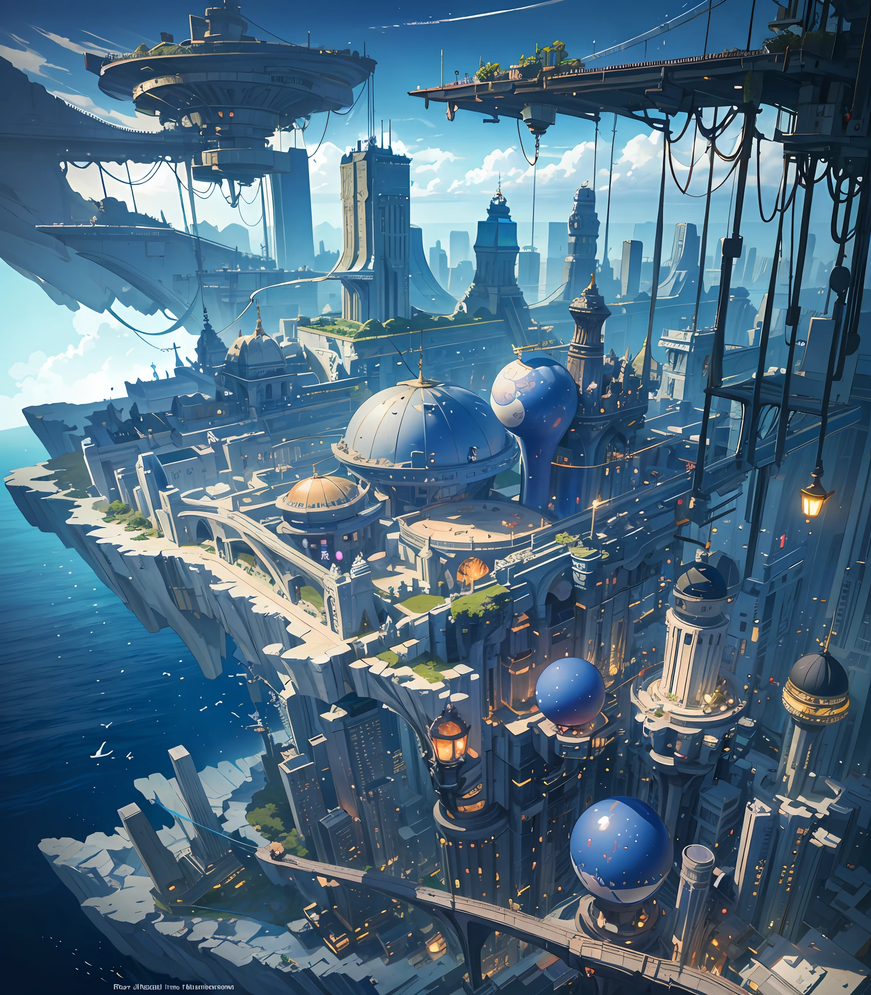 Many islands suspended in the sky, many blimps flying around, city, fantasy, magical plant growth, extreme detail, realistic light, epic composition, (complex detail), (complex design, ultra detail: 1.2) , Art Station, (Masterpiece, Best Quality), Ultra HD, Cyberpunk --v 6