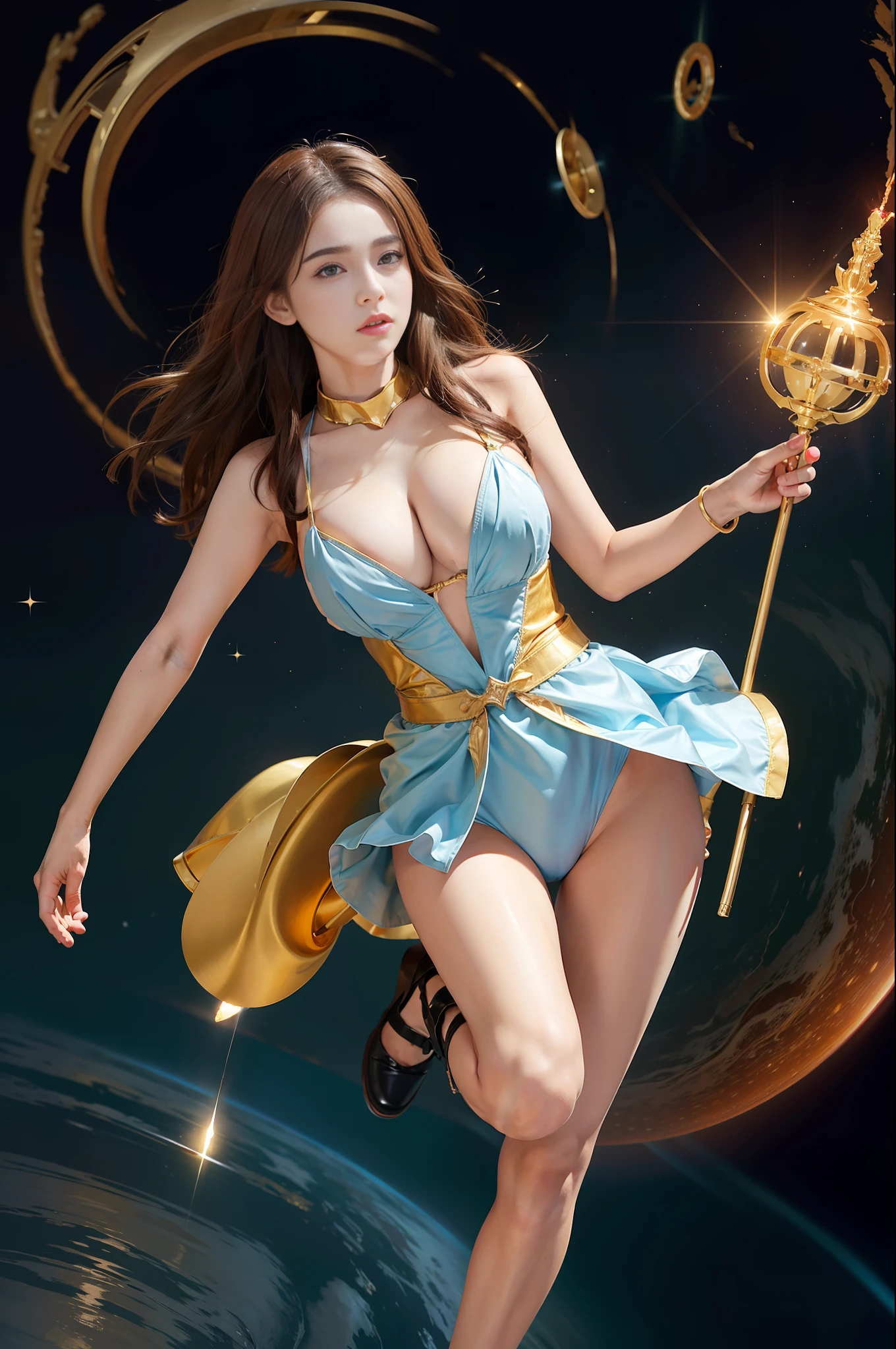 1girl, solo, light blue eyes, brown hair, holding a golden scepter, (blood volume: 1), running in the universe, (huge black hole: 1.2) full body, (official set: 1.5), dullyarts, dust background details, Eye details, ore disease lesions\(Tomorrow’s Ark\), (realism: 1.4), official art, unreal 8k wallpaper, ultra-detailed, beautiful and aesthetic, masterpiece, best quality, (dynamic angle: 1.4), (floating Colorful sparkle: 1.2), elegant, bright colors, romanticism, medium chest, no panties, cameltoe