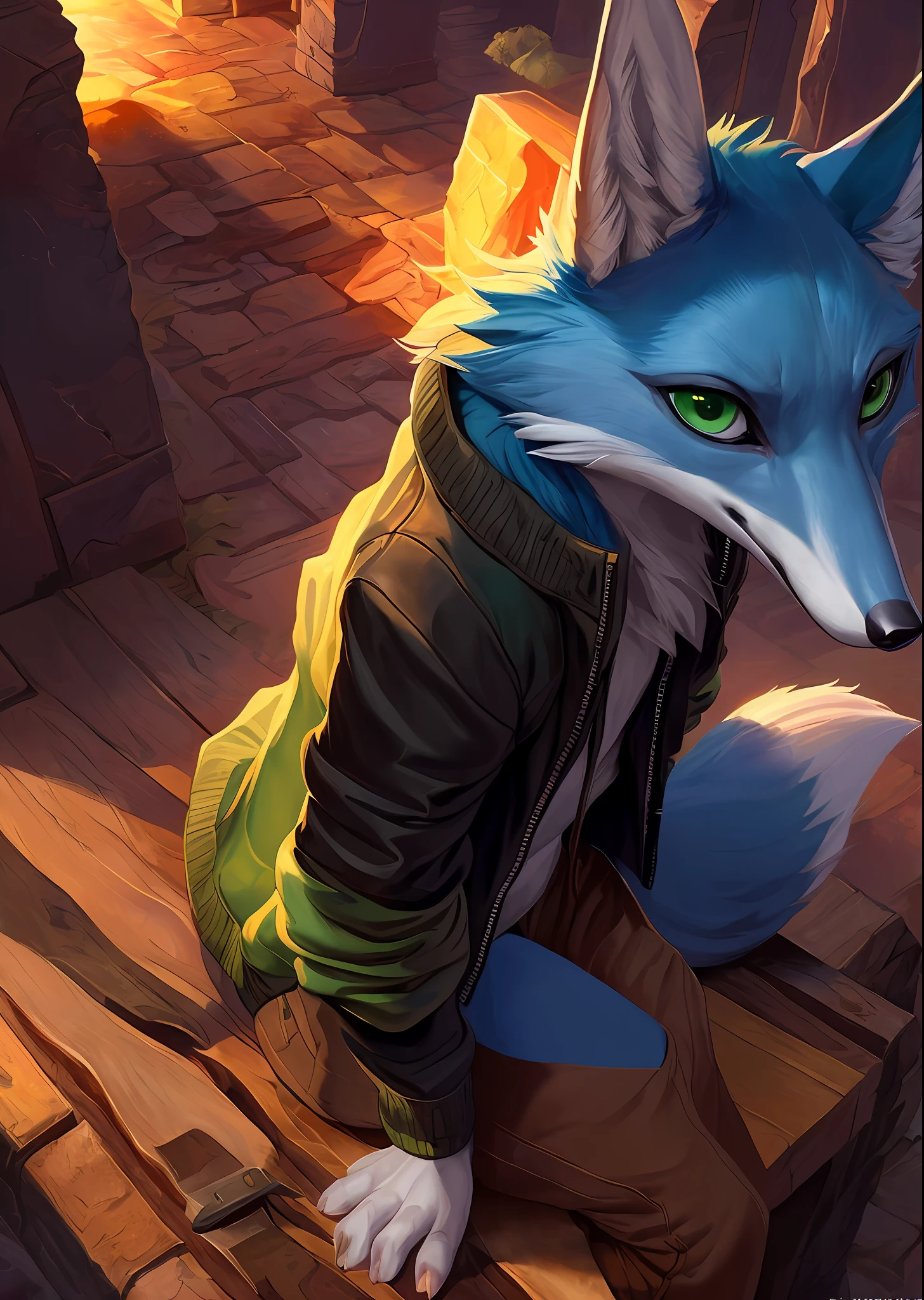 solo (((wildlife feral))) (((blue fox))) with ((neck tuft)) and (fluffy tail) and ((clear green eyes)), (( portrait)), BREAK, 
((wear jacket)), (detailed fox), (detailed Bonifasko lighting), (detailed fur), (detailed skin), BREAK, 
((sitting at community on full moon night)), (cinematic lighting), ((detailed background)), ((high-angle view)),
(((three-quarter view))), (half body shadow),
[backlighting], [crepuscular ray], [detailed ambient light], [gray natural lighting], [ambient light on the belly], (higher wildlife feral detail),
[realistic proportions], [explict content], [sharp focus], (questionable content), (shaded), ((masterpiece)), BREAK