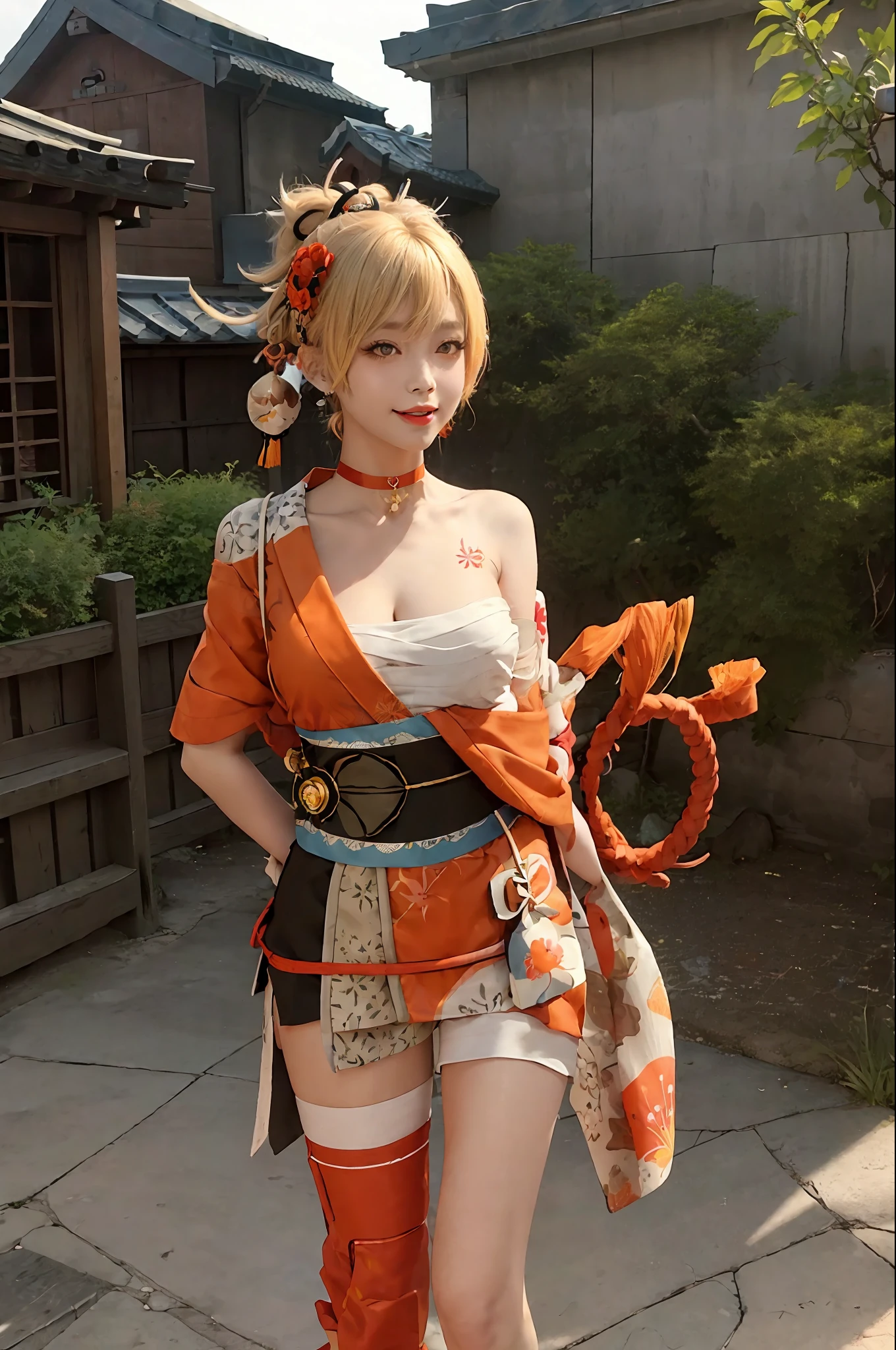 masterpiece, best quality, highres, 1girl, blonde hair, medium hair, asymmetrical hair, floating hair, hair between eyes, high ponytail, sidelocks, hair ornament, fish hair ornament, tassel, kanzashi, bangs, orange eyes, open mouth, smile, teeth, upper teeth only, choker, red choker, pendant choker, butterfly choker, collarbone, tattoo, chest tattoo, flower tattoo, cleavage, medium breasts, thighs, bandages, bandaged leg, sarashi, budget sarashi, chest sarashi, black sash, hadanugi dousa, houkisei, japanese clothes, kimono, kinchaku, obi, obiage, obijime, orange kimono, pouch, print kimono, rope, sash, shimenawa, short kimono, single bare shoulder, vision (genshin impact), east asian architecture, cherry blossoms, full body, arms behind back,