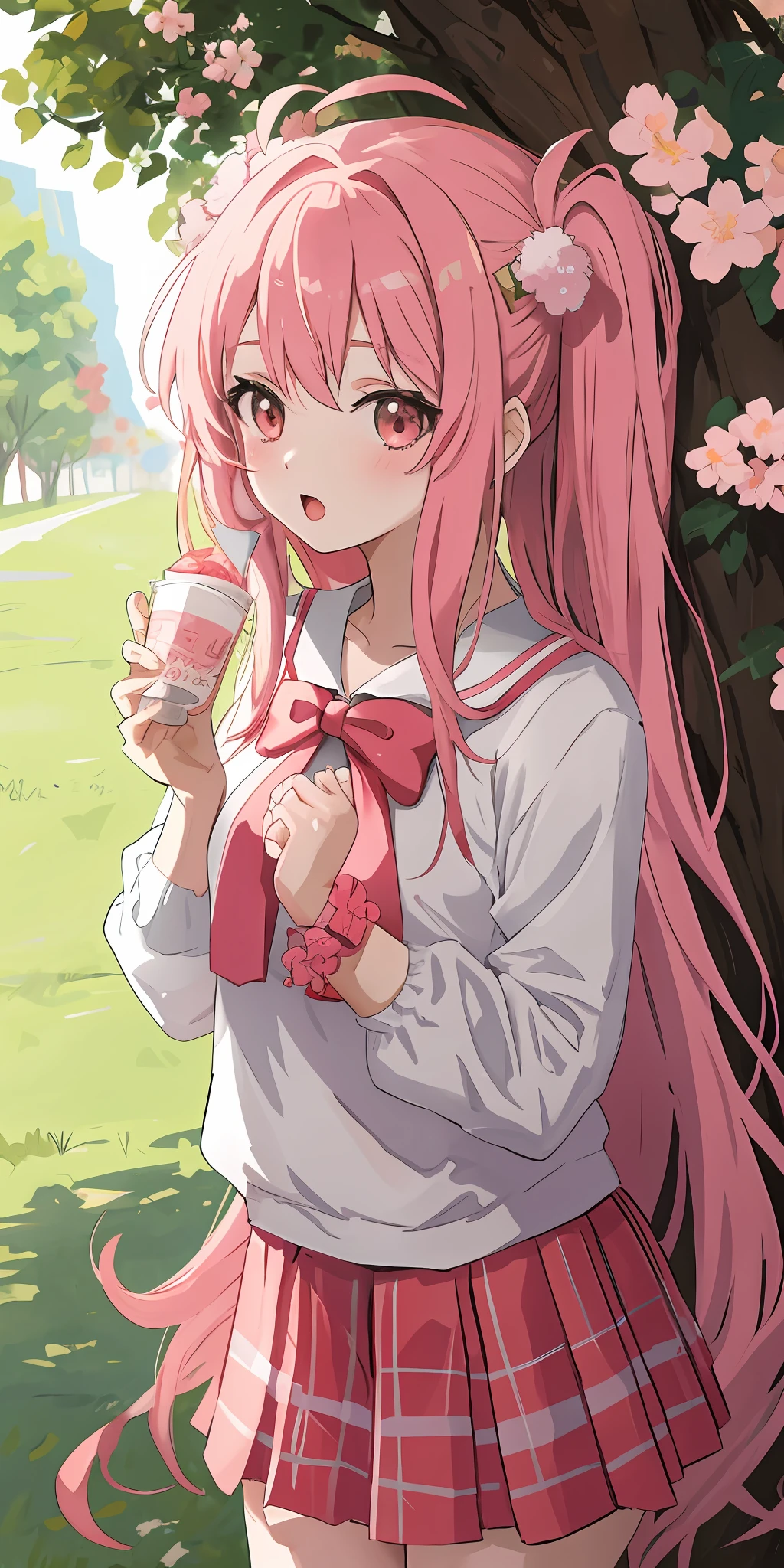 [[Anime style]] [[pop art]], [[masterpiece]], [[best quality]], [[best artist]], [[Wlop]] of a cute high school girl on a tree background Sakura in lighting [[awesome and neutral]].