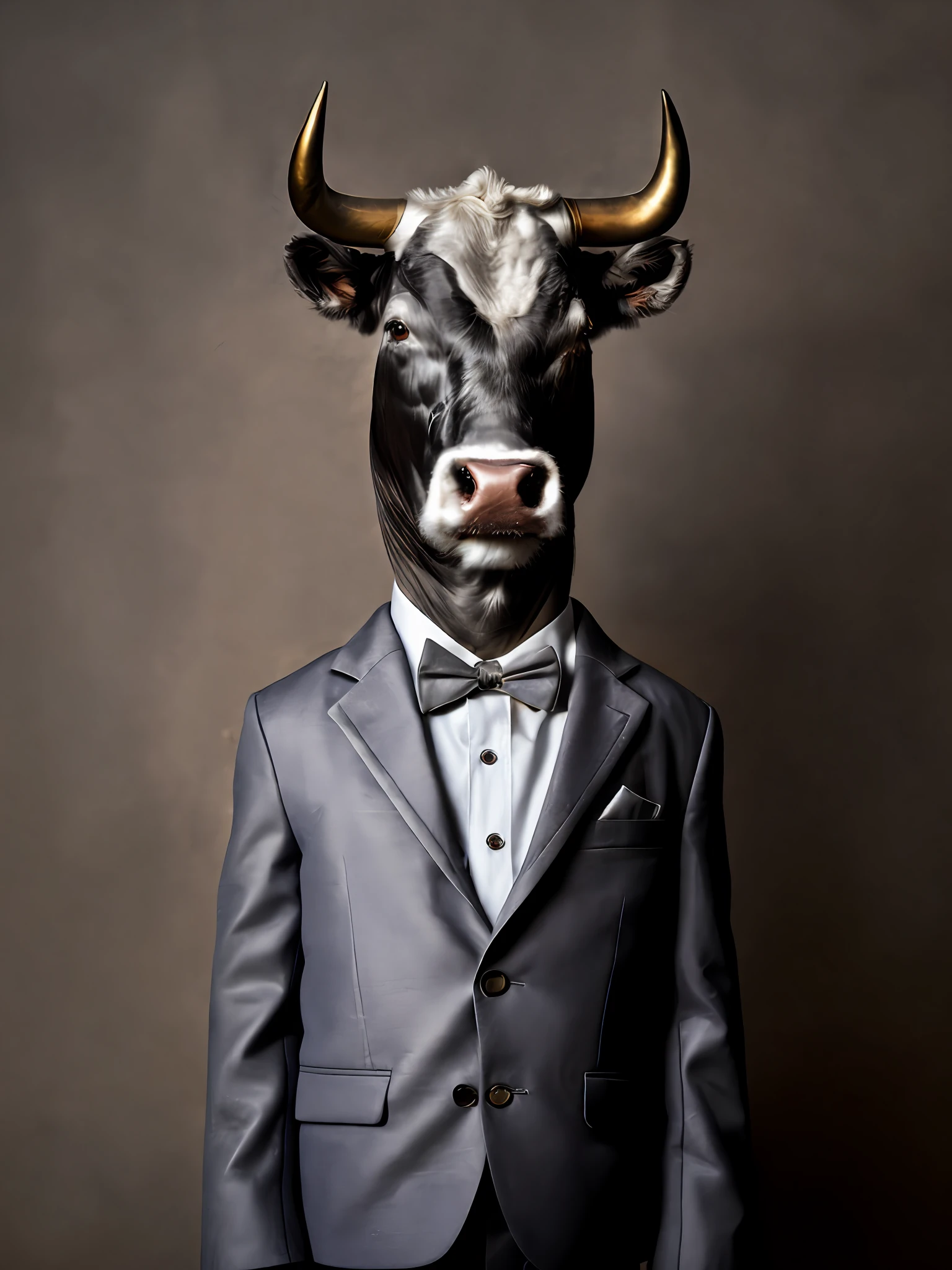A young boy with a gray bull head wearing formal attire