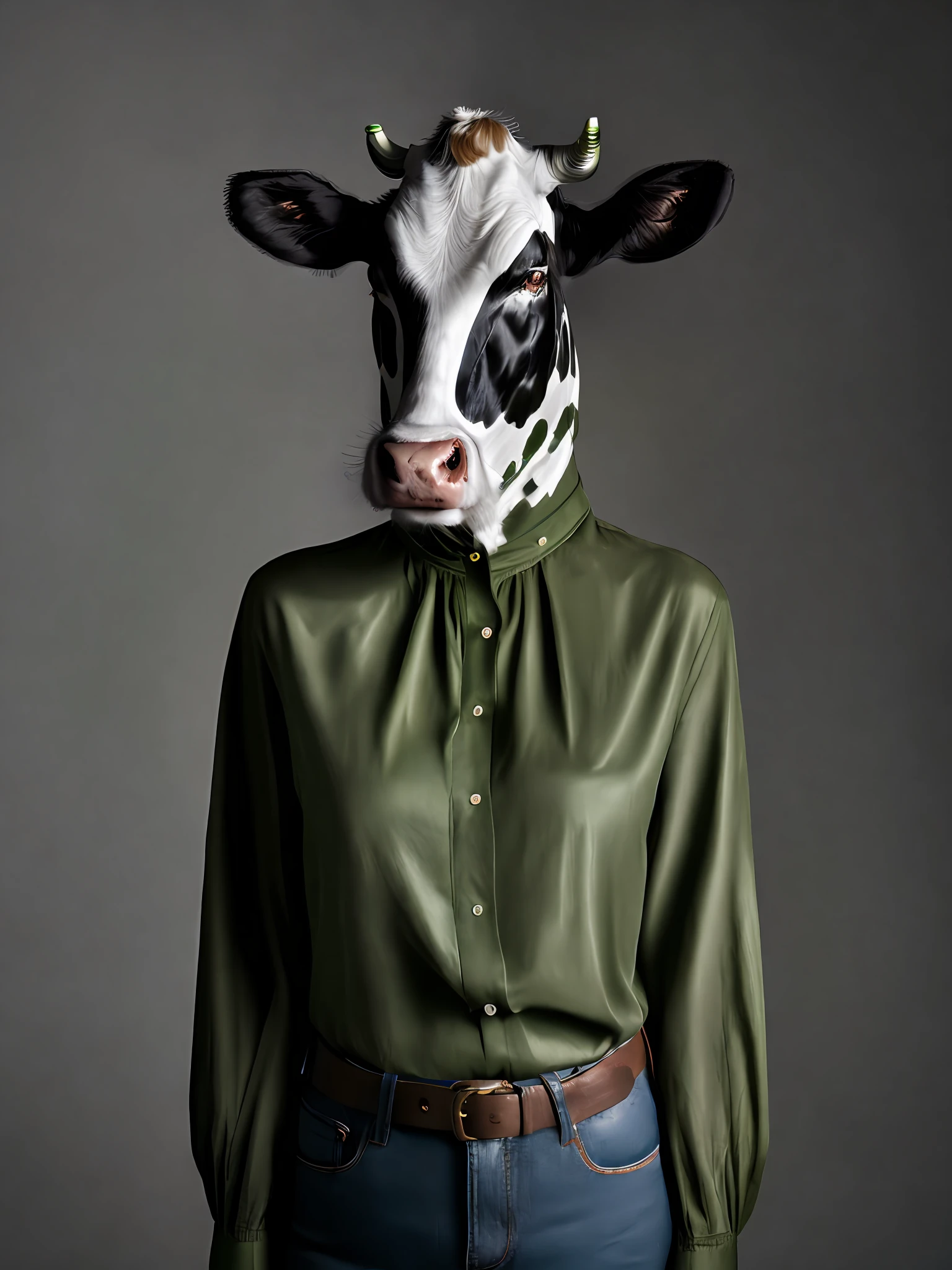 A woman with a cow head wearing a green blouse