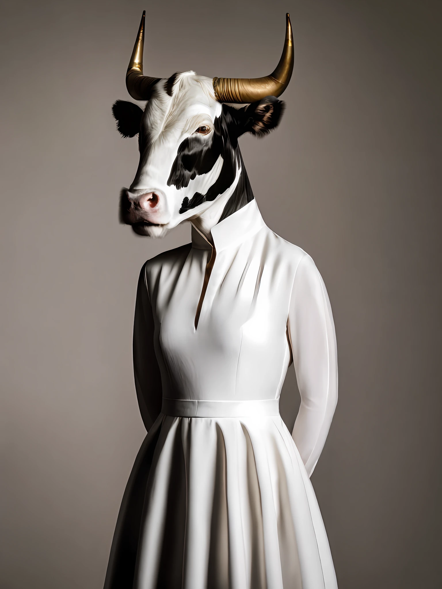 woman with a bull head wearing a white dress
