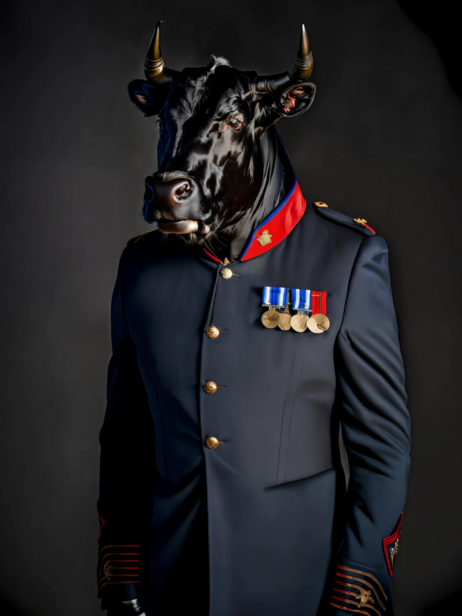 A black bull wearing a military uniform