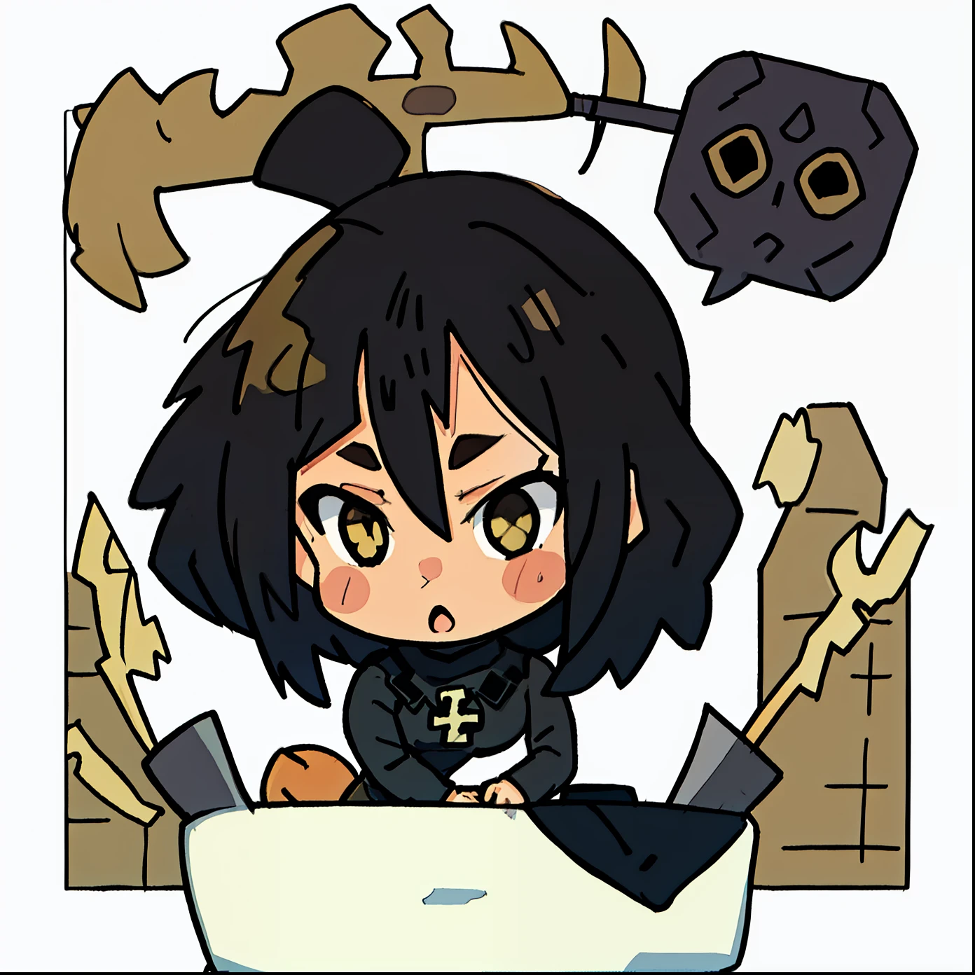 1 girl, high resolution, dynamic, short brown hair, cute cute face, black turtleneck, mobface style, white background, chibi style