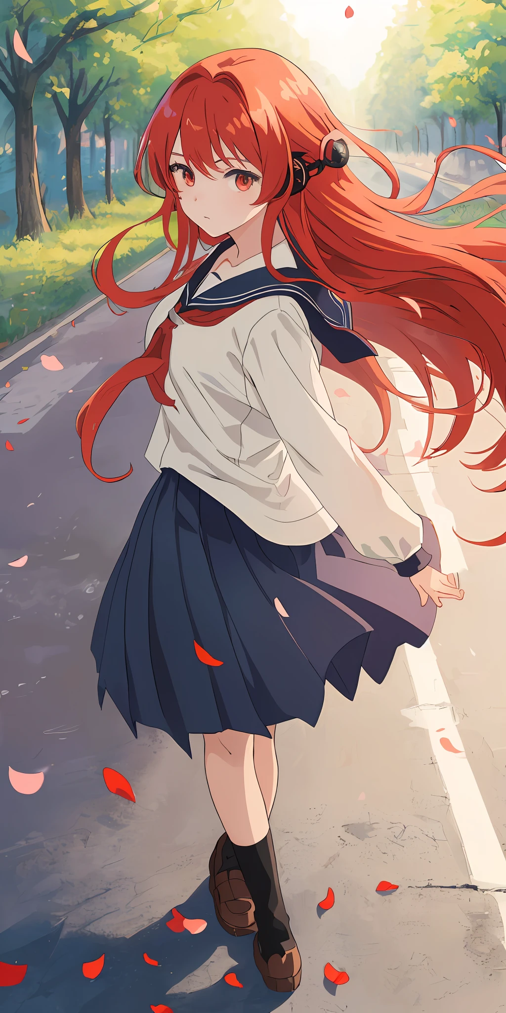 ((anime style)), ((masterpiece)), ((anime art)), ((Wlop)), ((best quality)), ((best desinger, face, eyes, body))), ((natural lighting)), ((best lighting artist)), a schoolgirl with ((long red hair)), walking on a road with Sakuraas trees falling petals, hair in the wind, sharp, neutral, focused gaze looking at the viewer.