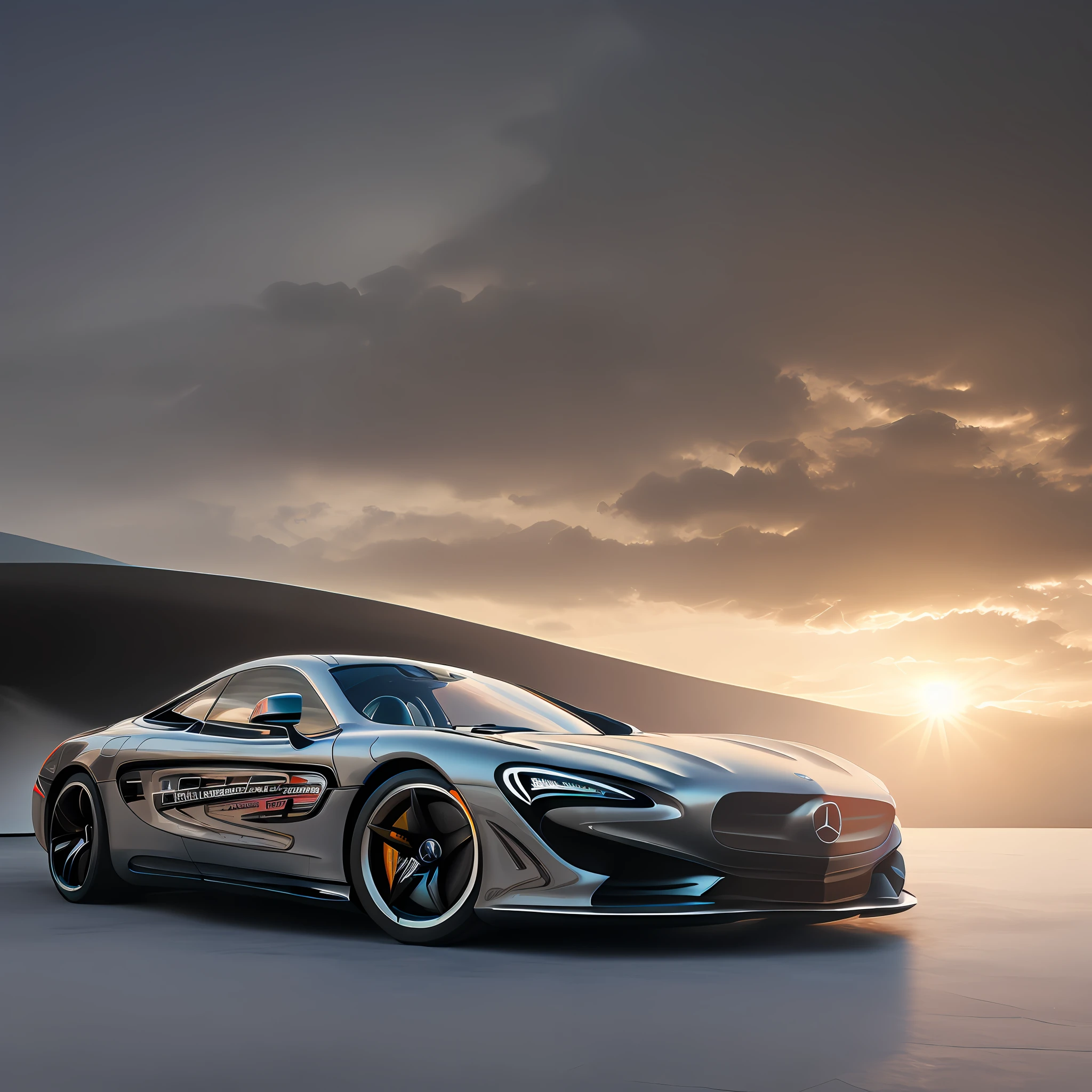 "(((mercedes mclaren))), r1, sport car, beautiful sculptural design, conceptual, unreal engine rendered, cinematic feel, sunset ambiance, mexico city backdrop, hiperrealistic uplighting"