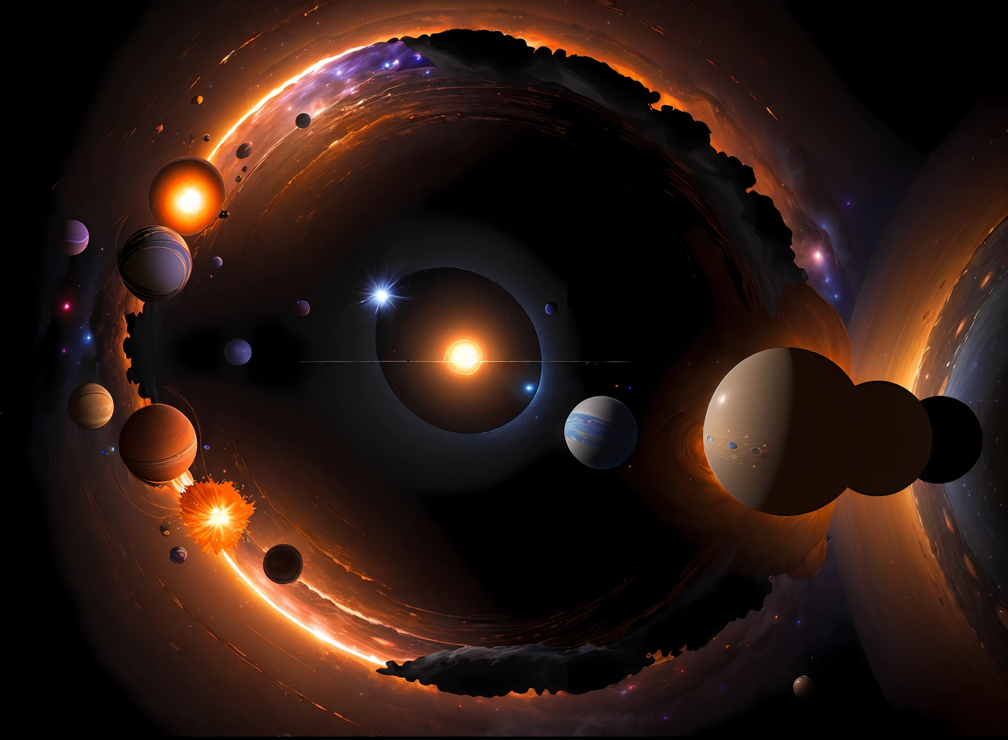(((Masterpiece))), best quality, ultra-detailed CG unity 8k wallpaper the solar system through a black hole
