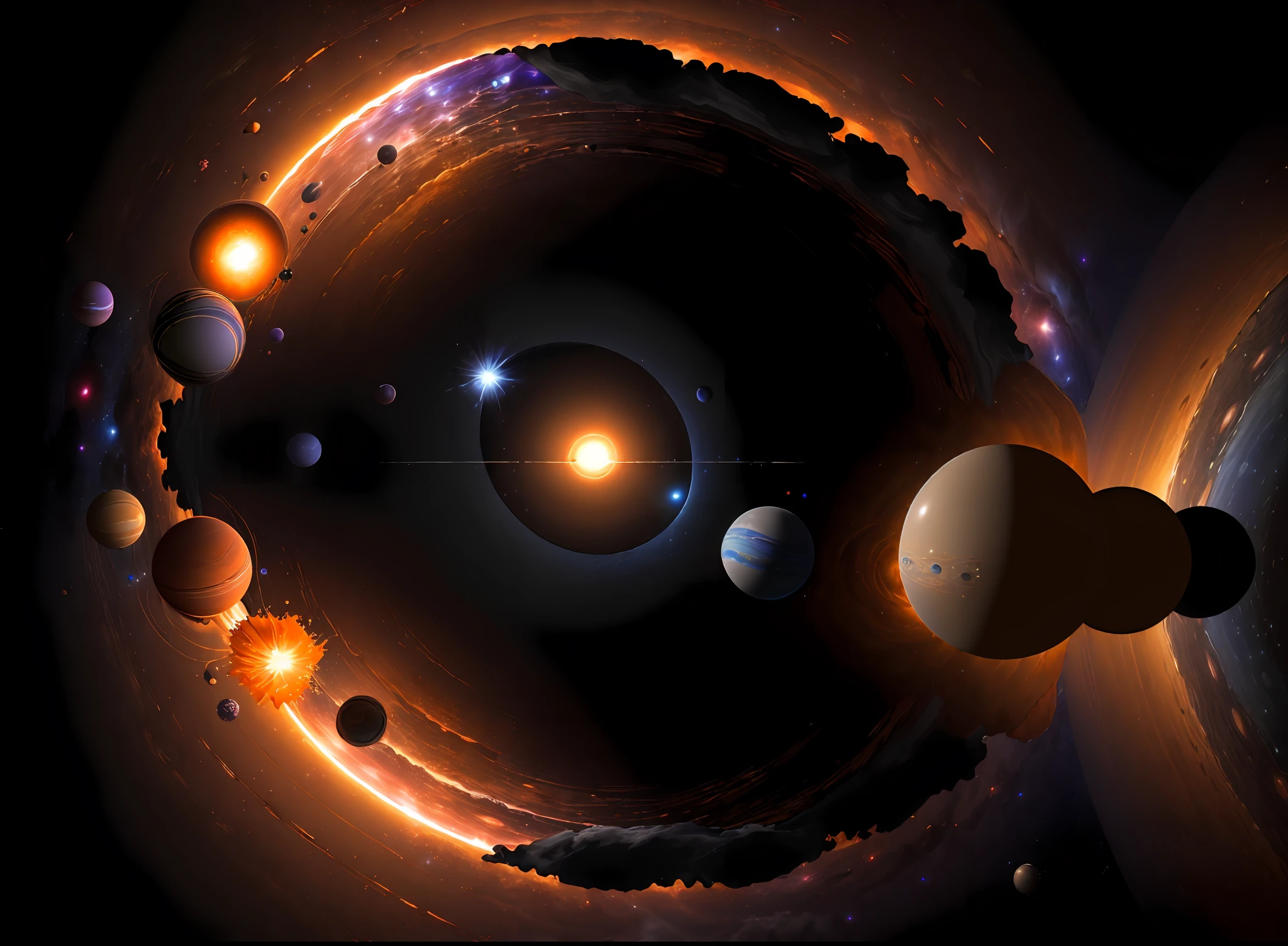 (((Masterpiece))), best quality, ultra-detailed CG unity 8k wallpaper the solar system through a black hole