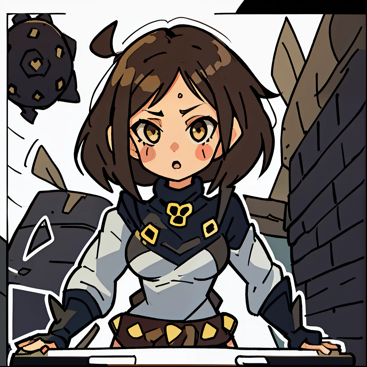 1 girl, high resolution, dynamic, short brown hair, cute cute face, black turtleneck, mobface style, white background, chibi style, playing ball