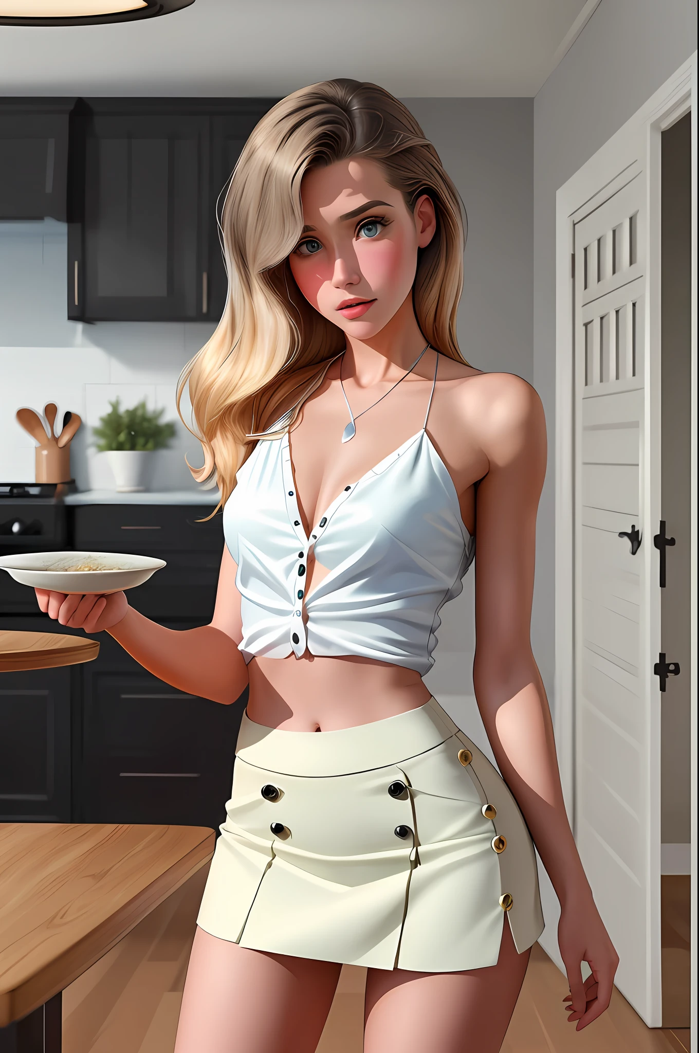 (dreamlikeart style:0.8),( redshift style:1.1),(analog style:1.11), (studio_ghibli_anime_style style:0.8), (copeseethemald style:0.9), glossy, thepit bimbo,

[Kay Adams|Tea Leoni], woman, 1girls, solo, detailed face,  symmetric, cute,  plunging neckline,  small breast, lips,
blue eyes,realistic pupils, closeup,

blond hair, 
dark buttoned shirt, white mini skirt, skirt pleated, skirt,
thigh high clips,

centered, looking aside, standing, centered, skin pores, realistic skin, subsurface skin scattering, detailed skin, shiny skin, midriff,

modern house, furniture, table, kitchen, detailed background, items,
realistic proportions, blushing, retro, 60s, vintage,

light rays, caustics, 

masterpiece, best quality, realistic, hyperrealistic,  sharp focus, absurdres, good anatomy,