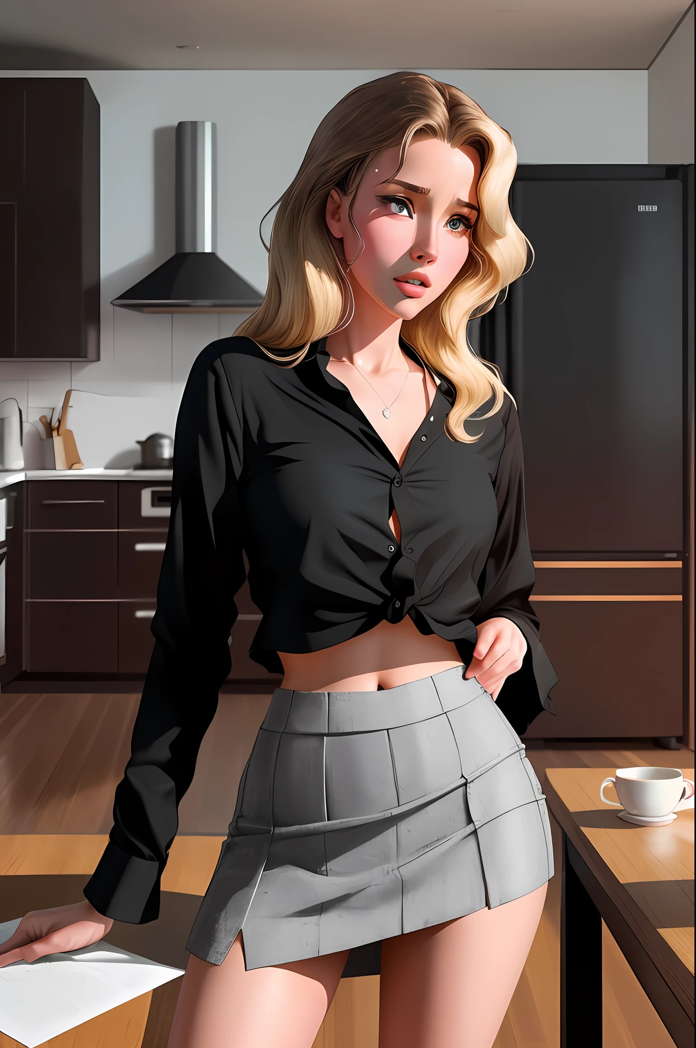 (dreamlikeart style:0.8),( redshift style:1.1),(analog style:1.11), (studio_ghibli_anime_style style:0.8), (copeseethemald style:0.9), glossy, thepit bimbo,

[Kay Adams|Tea Leoni], woman, 1girls, solo, detailed face,  symmetric, cute,  plunging neckline,  small breast, lips,
blue eyes,realistic pupils, closeup,

blond hair, 
dark buttoned shirt, white mini skirt, skirt pleated, skirt,
thigh high clips,

centered, looking aside, standing, centered, skin pores, realistic skin, subsurface skin scattering, detailed skin, shiny skin, midriff,

modern house, furniture, table, kitchen, detailed background, items,
realistic proportions, blushing, retro, 60s, vintage,

light rays, caustics, 

masterpiece, best quality, realistic, hyperrealistic,  sharp focus, absurdres, good anatomy,