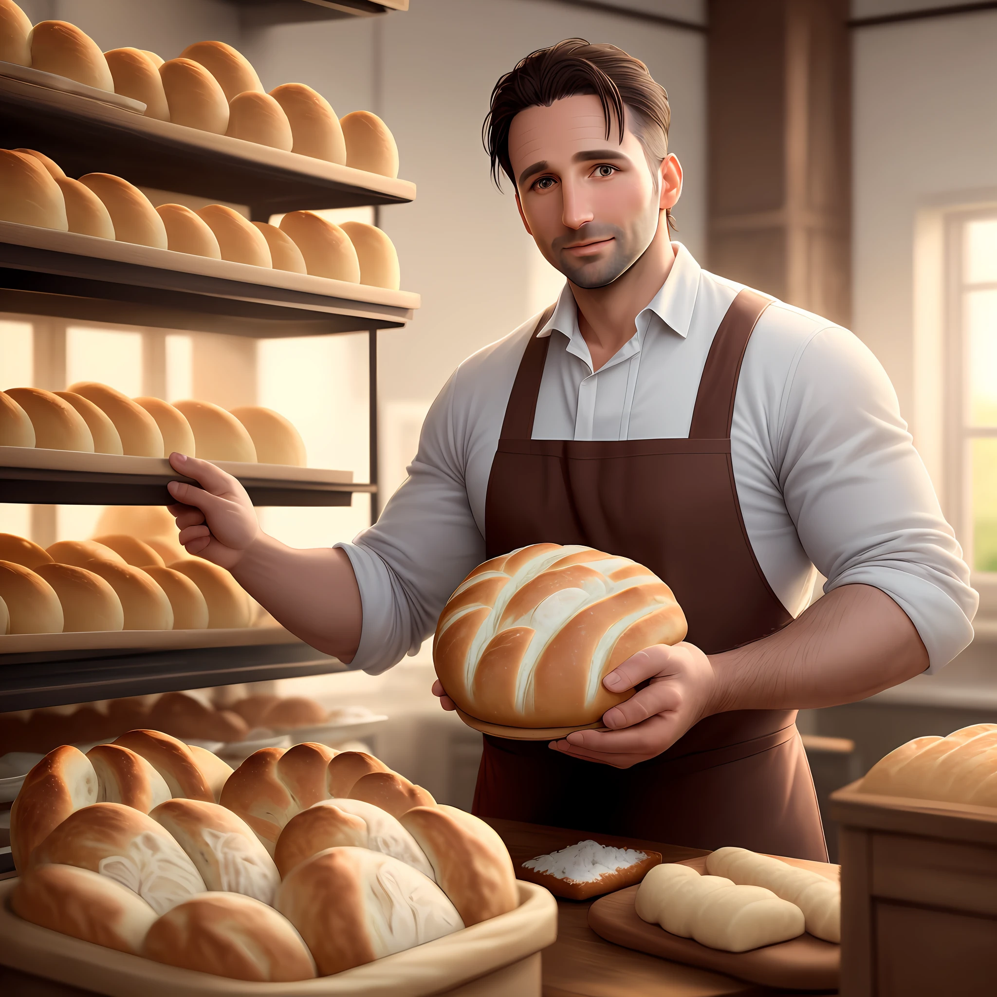 Male 37 years old, profession baker making bread, beautiful old bakery, various types of bread, high quality photographic image definition photo realism