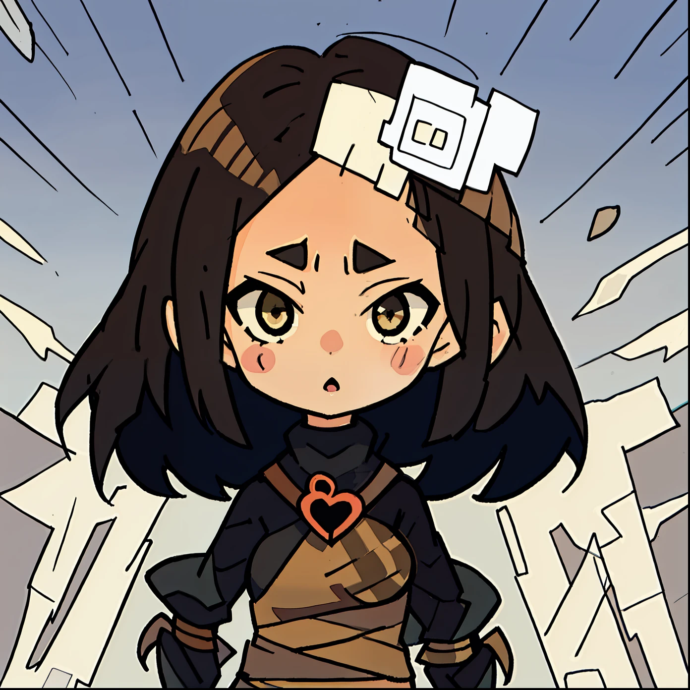 1 girl, high resolution, dynamic, short brown hair, pretty and cute face, black turtleneck, mobface style, white background, chibi style, in love, heart