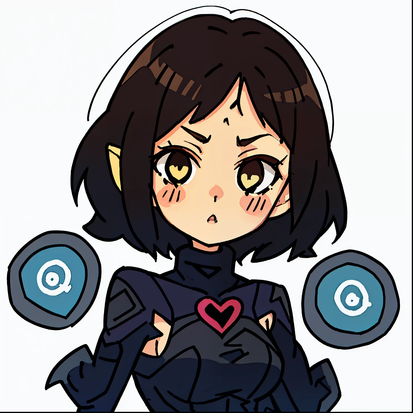 1 girl, high resolution, dynamic, short brown hair, pretty and cute face, black turtleneck, mobface style, white background, chibi style, in love, heart