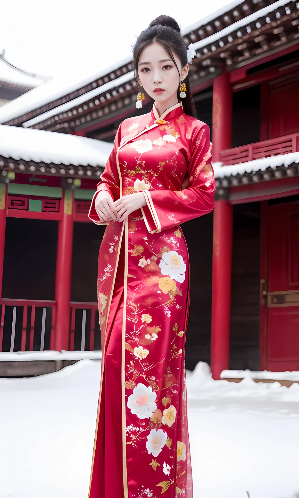 8k, raw photo, a woman in traditional Chinese dress standing outdoors (perfect female body, perfect face, pale face, sick, thin, skinny, skinny, big breasts), facing the viewer, snow falls on her , Chen Yifei, snow, realistic painting, artistic photography, super high resolution, (realistic: 1.4),, masterpiece, sharp lines, vivid colors,