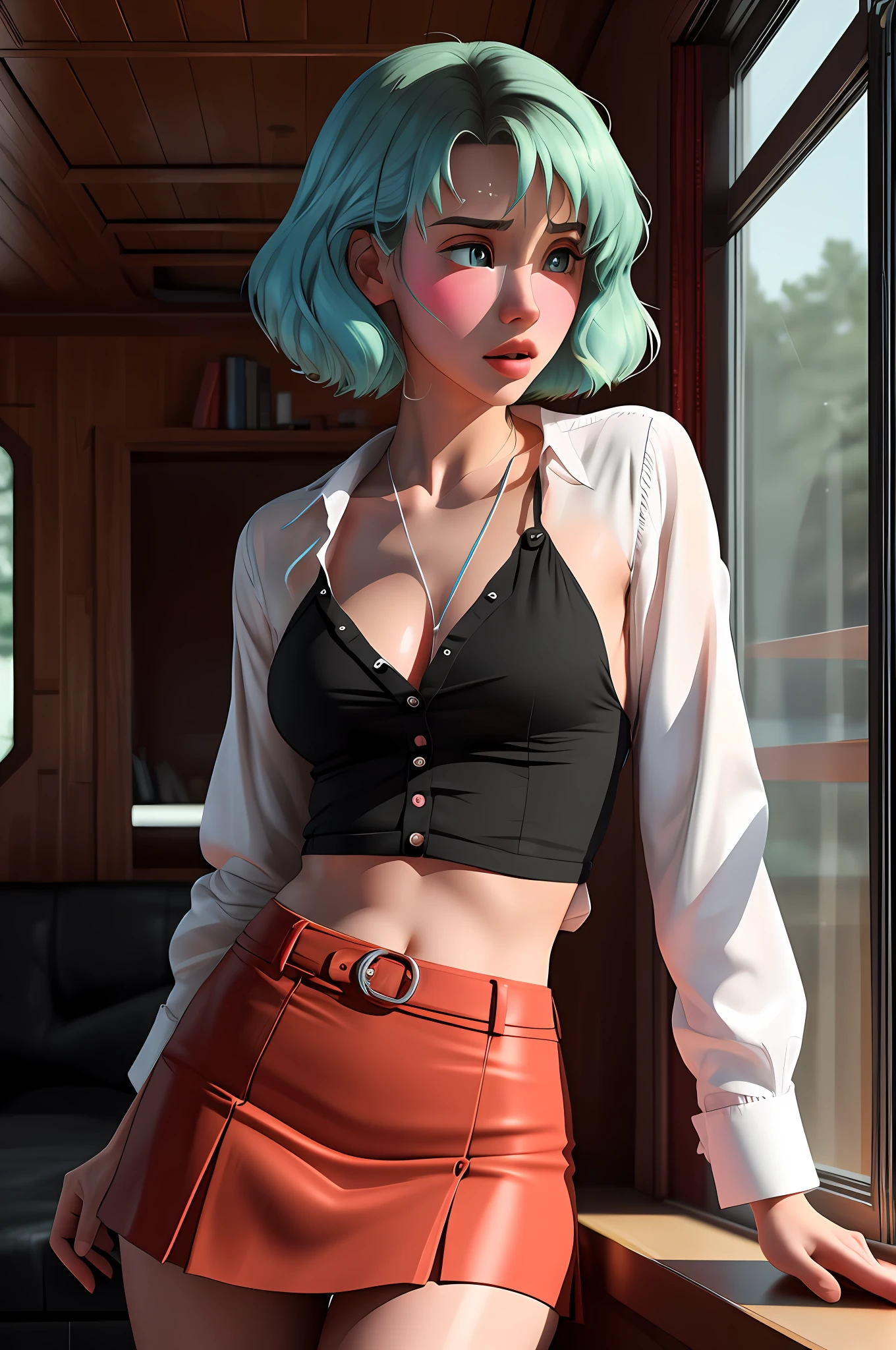 (dreamlikeart style:0.8),( redshift style:1.1),(analog style:1.11), (studio_ghibli_anime_style style:0.8), (copeseethemald style:0.9), glossy, thepit bimbo,

[Kay Adams|Tea Leoni], woman, 1girls, solo, detailed face,  symmetric, cute,  plunging neckline,  small breast, lips,
green eyes,realistic pupils, closeup,

Pink hair, 
dark buttoned shirt, red mini skirt, skirt pleated, skirt,
thigh high clips,

centered, looking aside, standing, centered, skin pores, realistic skin, subsurface skin scattering, detailed skin, shiny skin, midriff,

cabin, detailed background, items,
realistic proportions, blushing, retro, 60s, vintage,

light rays, caustics, 

masterpiece, best quality, realistic, hyperrealistic,  sharp focus, absurdres, good anatomy,
