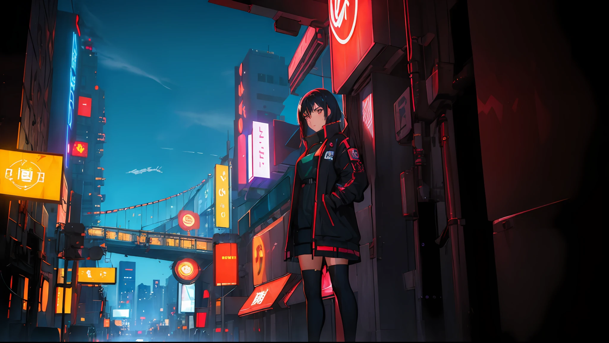 (masterpiece, best quality:1.4), cinematic light, colorful, high contrast, cyberpunk, neon, city, cityscape,  (day:1.2), sky, sunlight, girl standing in cyber coat, asian , red Black hair, looking at viewer