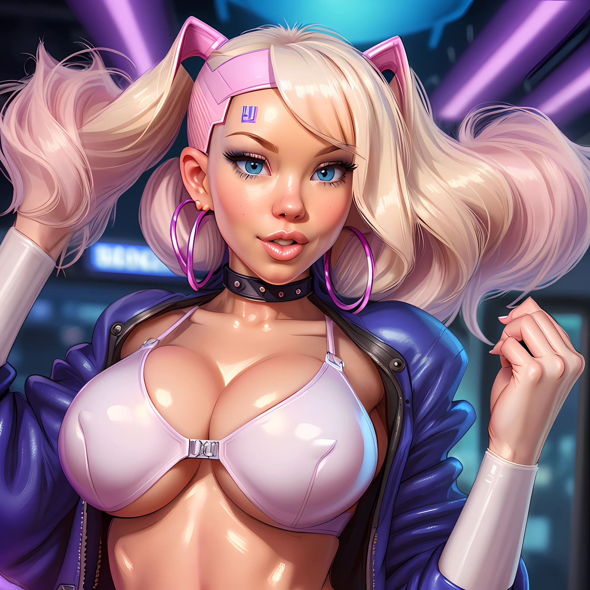 (thepit bimbo:1.4)), blue eyes, crop top, high thong, hoop earrings, detailed, skin texture, back-length hair, blonde hair, beestung lips, symmetric, centered, closeup, extreme closeup, upper body, cleavage focus, collar, mini jacket, looking at viewer, kneesocks, 8k, highly detailed, glossy, [Nina Dobrev|Emma Stone], photo-realistic, cyberpunk