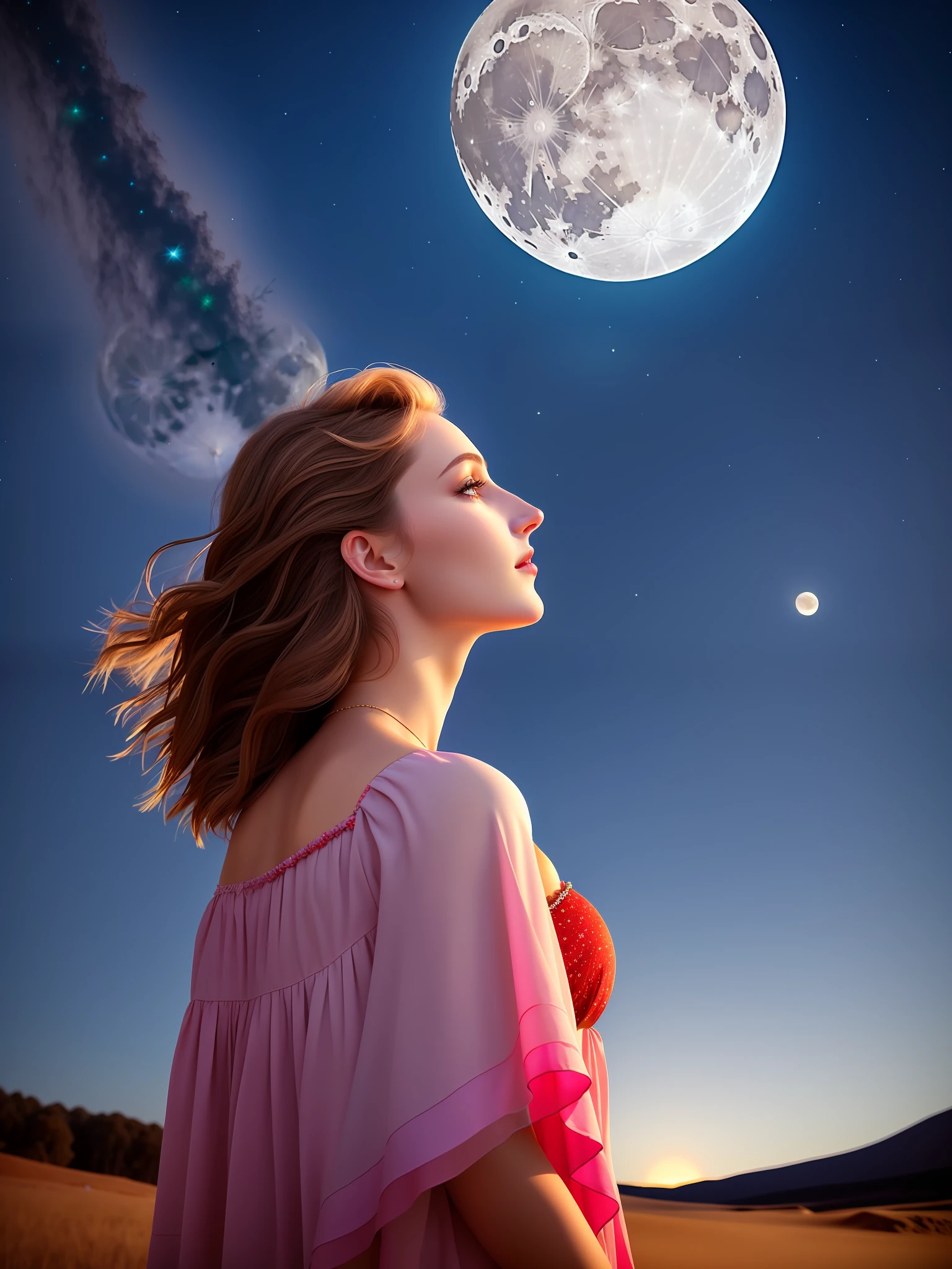 A beautiful girl watching the moon ult realistic