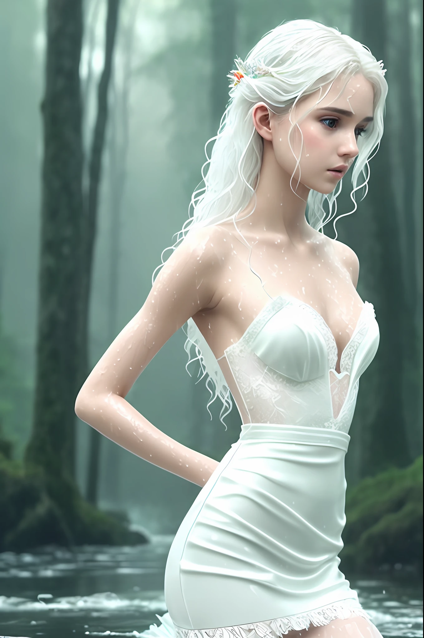top front view, A beautiful princess in the water, short shoulders, wet hair, delicate small face, realistic normal body, white lace dress, a work of art, maximum definition, neat features, delicate back, long wet white hair, fine features defined, striking colors, thin waist, a blurred background dark forest, trees, rain, fog, movie scene style.