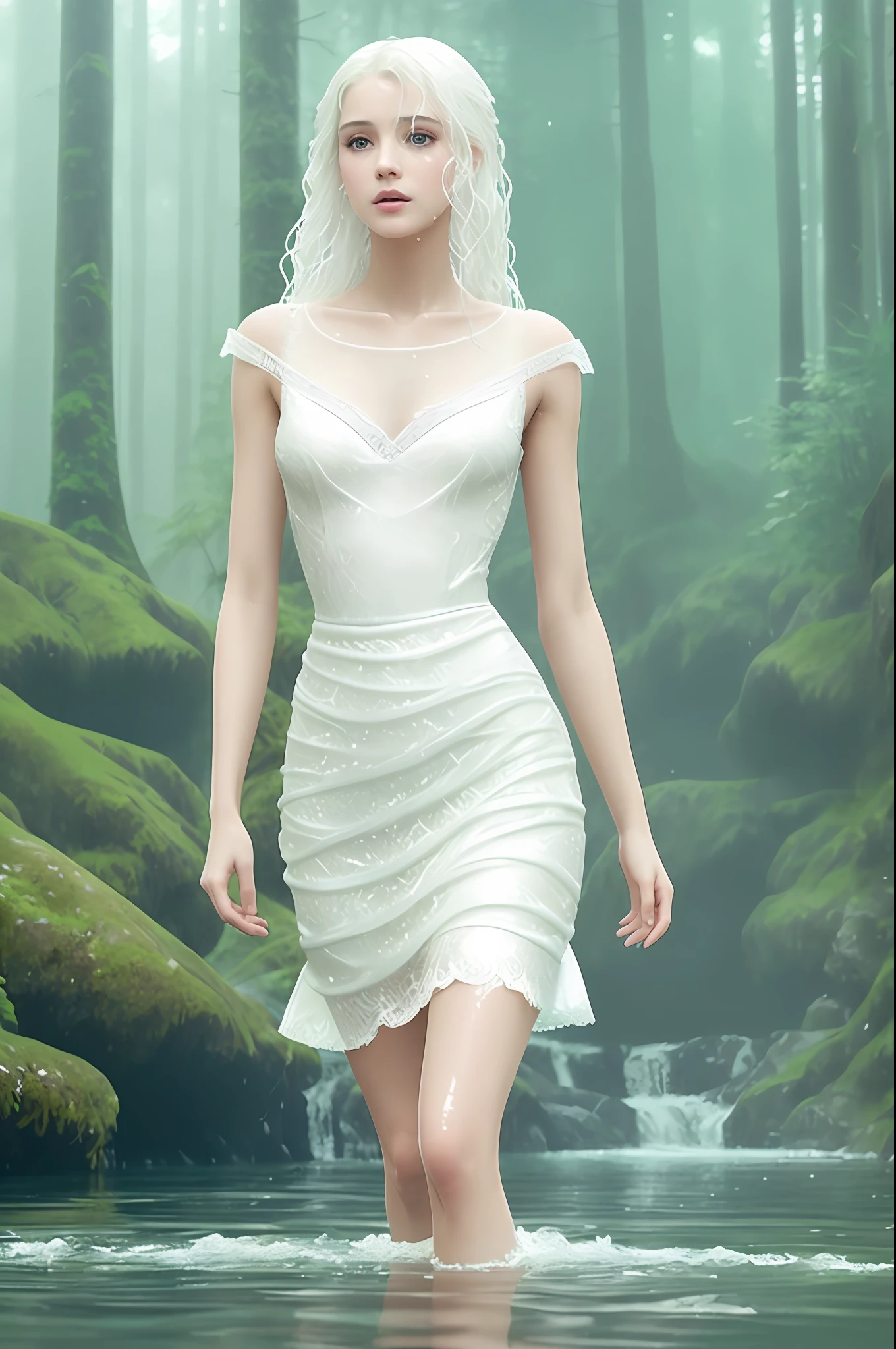 top front view, A beautiful princess in the water, short shoulders, wet hair, delicate small face, realistic normal body, white lace dress, a work of art, maximum definition, neat features, delicate back, long wet white hair, fine features defined, striking colors, thin waist, a blurred background dark forest, trees, rain, fog, movie scene style.