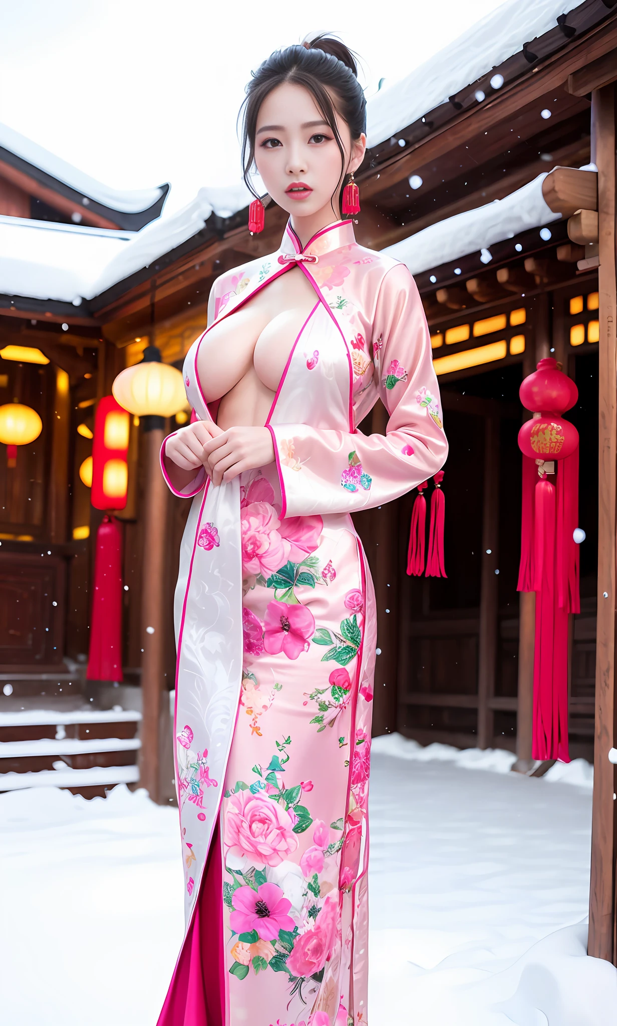 8k, raw photo, a woman in traditional Chinese dress standing outdoors (perfect female body, perfect face, pale face, sick, thin, skinny, skinny, big breasts), fleshy details, facing the viewer, snow falling On her, Chen Yifei, snow, realistic painting, art photography, super high resolution, (realistic: 1.4),, masterpiece, sharp lines, bright colors,