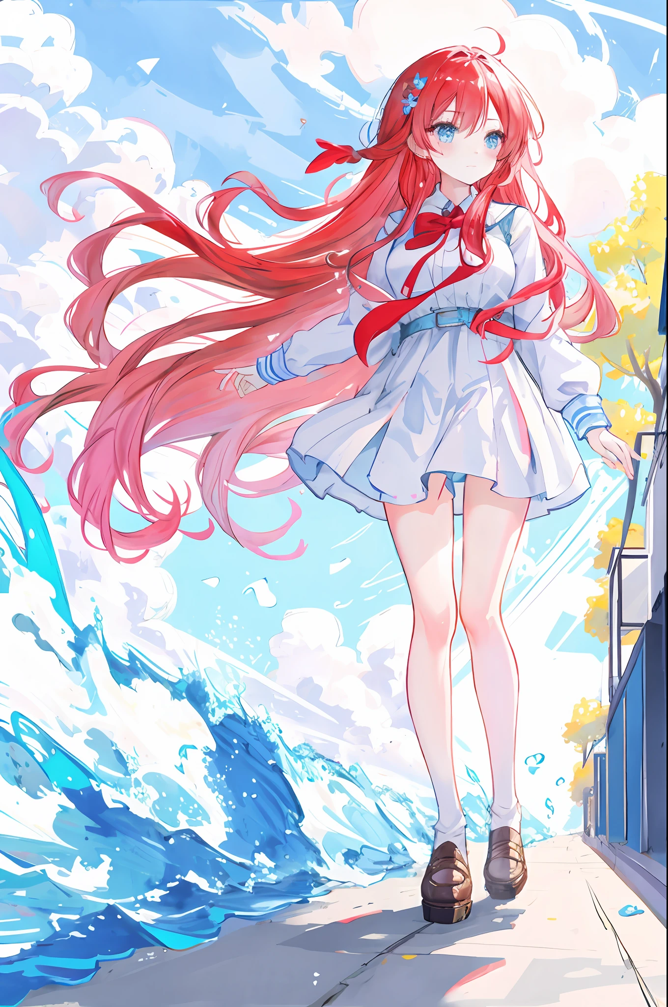[[pop-art style]], [[masterpiece]], [[best quality]], [[best performance]], [[best 1:4 quality]], [[best face]], [[ best eyes]], [[best artist]], [[Wlop]], [[Ross Tran]], [[Sandro Botticelli]], [[a girl with long red hair]], [[walking down a sidewalk white stones]], [[blue sky with white clouds]], in a wind in his [[long hair]] in a refreshing and amazing environment, showing feelings, emotions, subtlety, tranquility. [[Incredible art]].