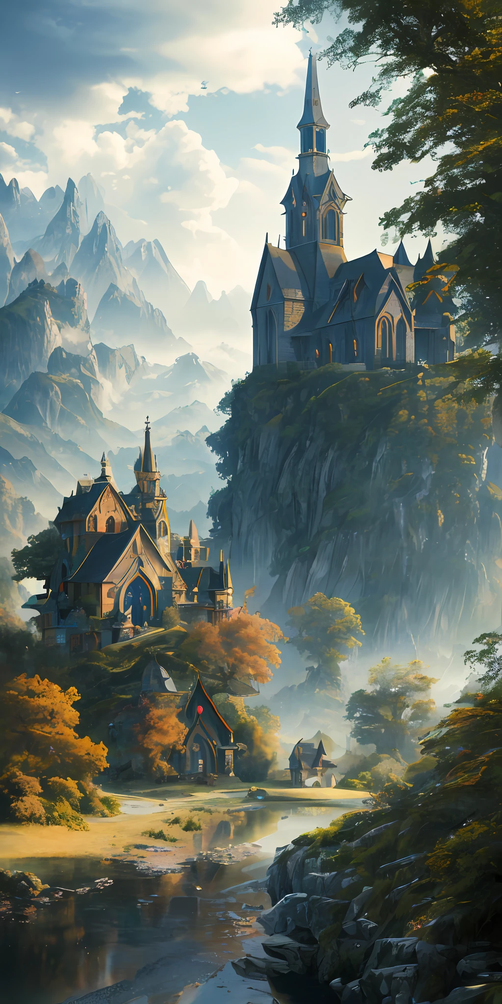 Masterpiece, best quality, high quality, extremely detailed CG unity 8k wallpaper, landscape, town, church, street, shop, woods, sky, cloud, sky, town dweller, mountain, landscape, water, tree, blue sky ,,, nature, cloudy sky, award winning photography, bokeh, depth of field, HDR, bloom, chromatic aberration, photorealism, very detailed, trending on artstation, trending on CGsociety, intricate, high detail, dramatic, midjourney art