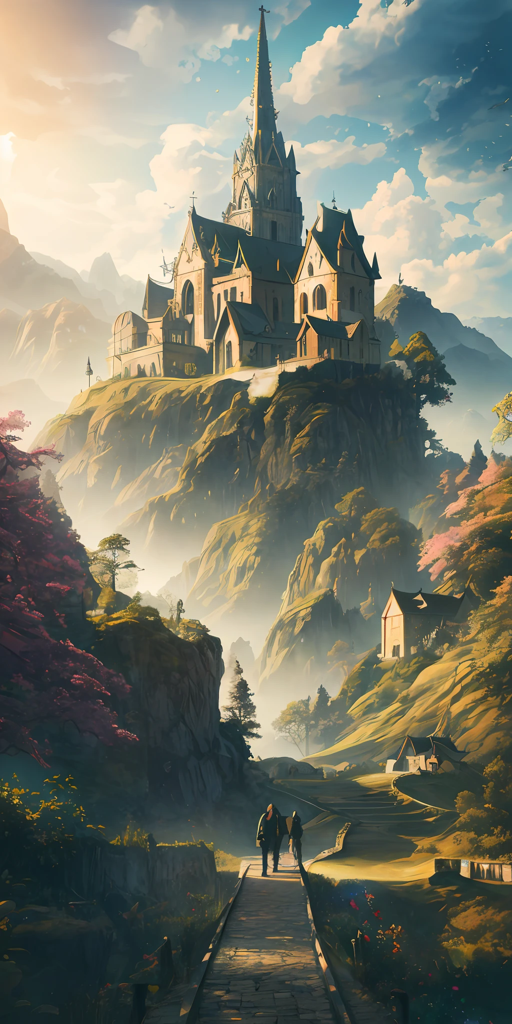 Masterpiece, best quality, high quality, extremely detailed CG unity 8k wallpaper, landscape, town, church, street, shop, woods, sky, cloud, sky, town dweller, mountain, landscape, water, tree, blue sky ,,, nature, cloudy sky, award winning photography, bokeh, depth of field, HDR, bloom, chromatic aberration, photorealism, very detailed, trending on artstation, trending on CGsociety, intricate, high detail, dramatic, midjourney art