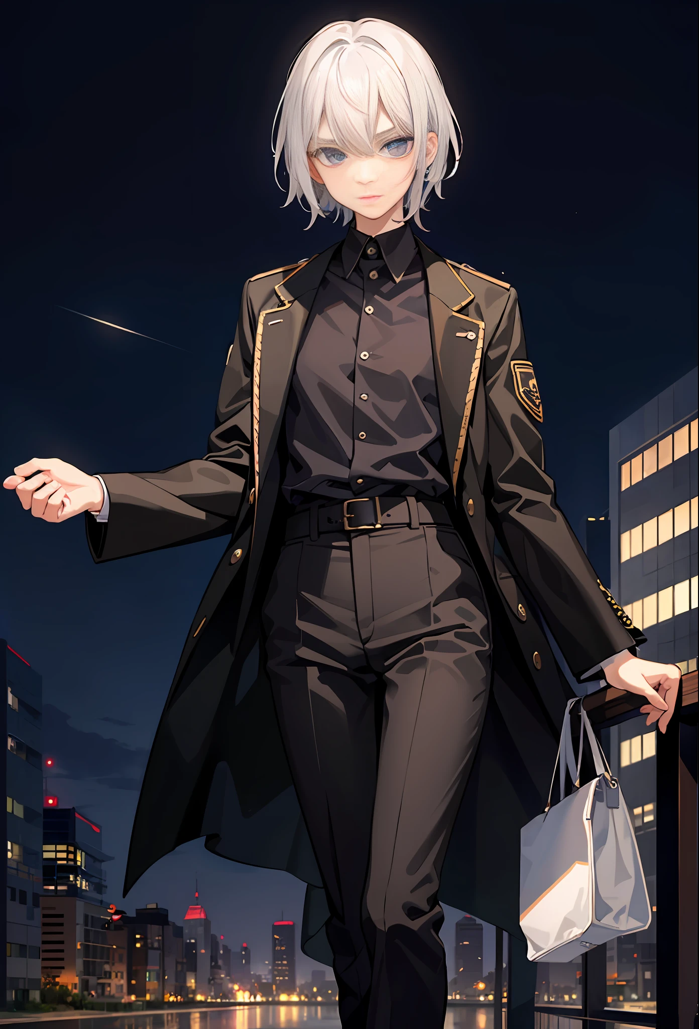 Masterpiece, girl, androgynous, school uniform, jacket, slacks, face close-up, like a doll, solo, , timid, third eye on cheek, white hair, pale skin, surgical gown, detailed Beautiful eyes, slender limbs, smooth proportions, (Tsurupeta), cowboy style, expressionless, meticulously drawn night view, hustle and bustle of the medieval city