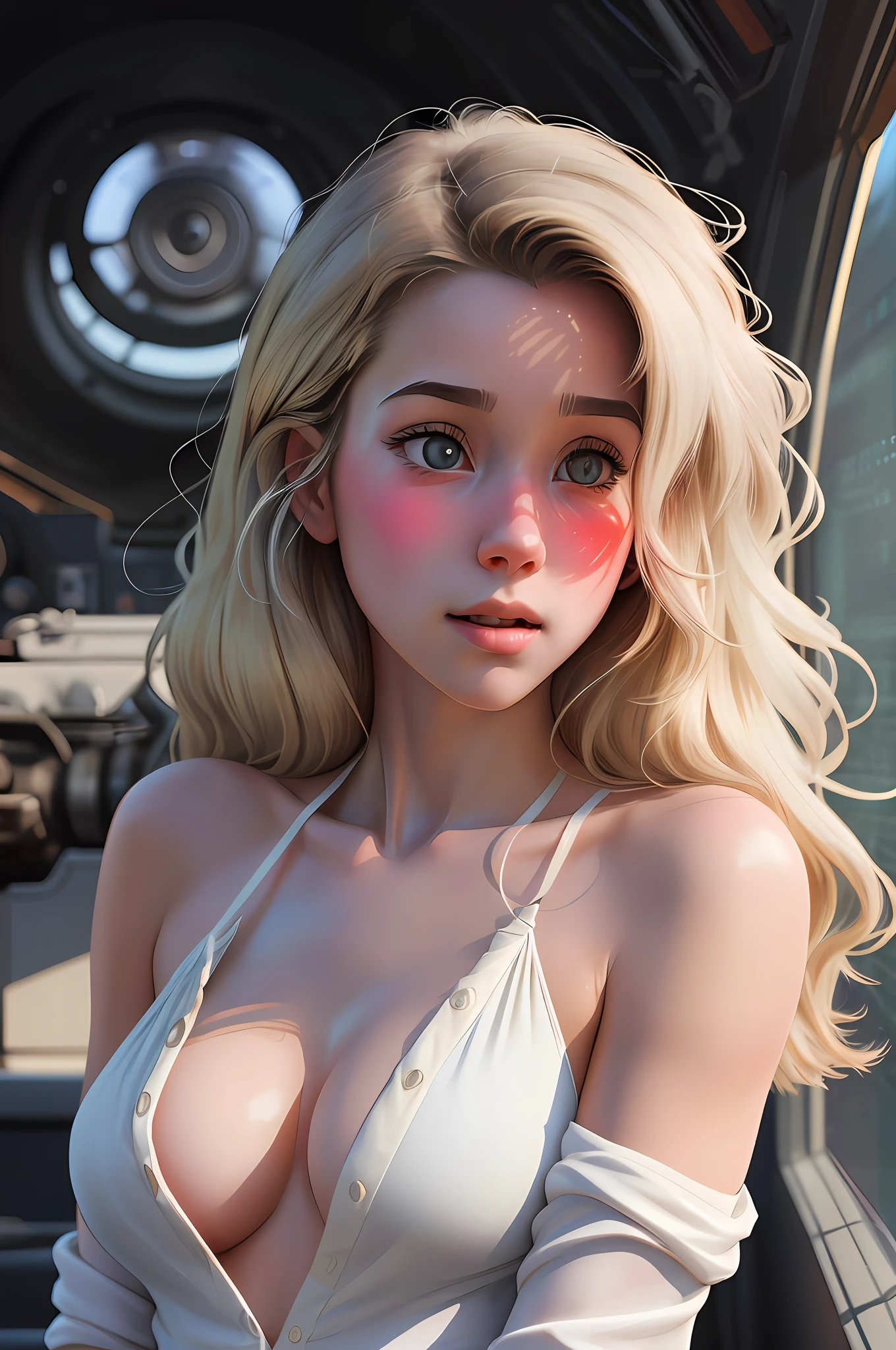 (dreamlikeart style:0.8),( redshift style:1.1),(analog style:1.11), (studio_ghibli_anime_style style:0.8), (copeseethemald style:0.9), glossy, thepit bimbo,

[Kay Adams|Tea Leoni], woman, 1girls, solo, detailed face,  symmetric, cute,  plunging neckline,  small breast, lips,
green eyes,realistic pupils, closeup,

blonde hair, 
white buttoned shirt, red thong,
thigh high thong,

centered, looking down, standing, centered, skin pores, realistic skin, subsurface skin scattering, detailed skin, shiny skin, midriff,

bunker, detailed background, items,
realistic proportions, blushing, retro, 1800s, vintage,

light rays, caustics, 

masterpiece, best quality, realistic, hyperrealistic,  sharp focus, absurdres, good anatomy,