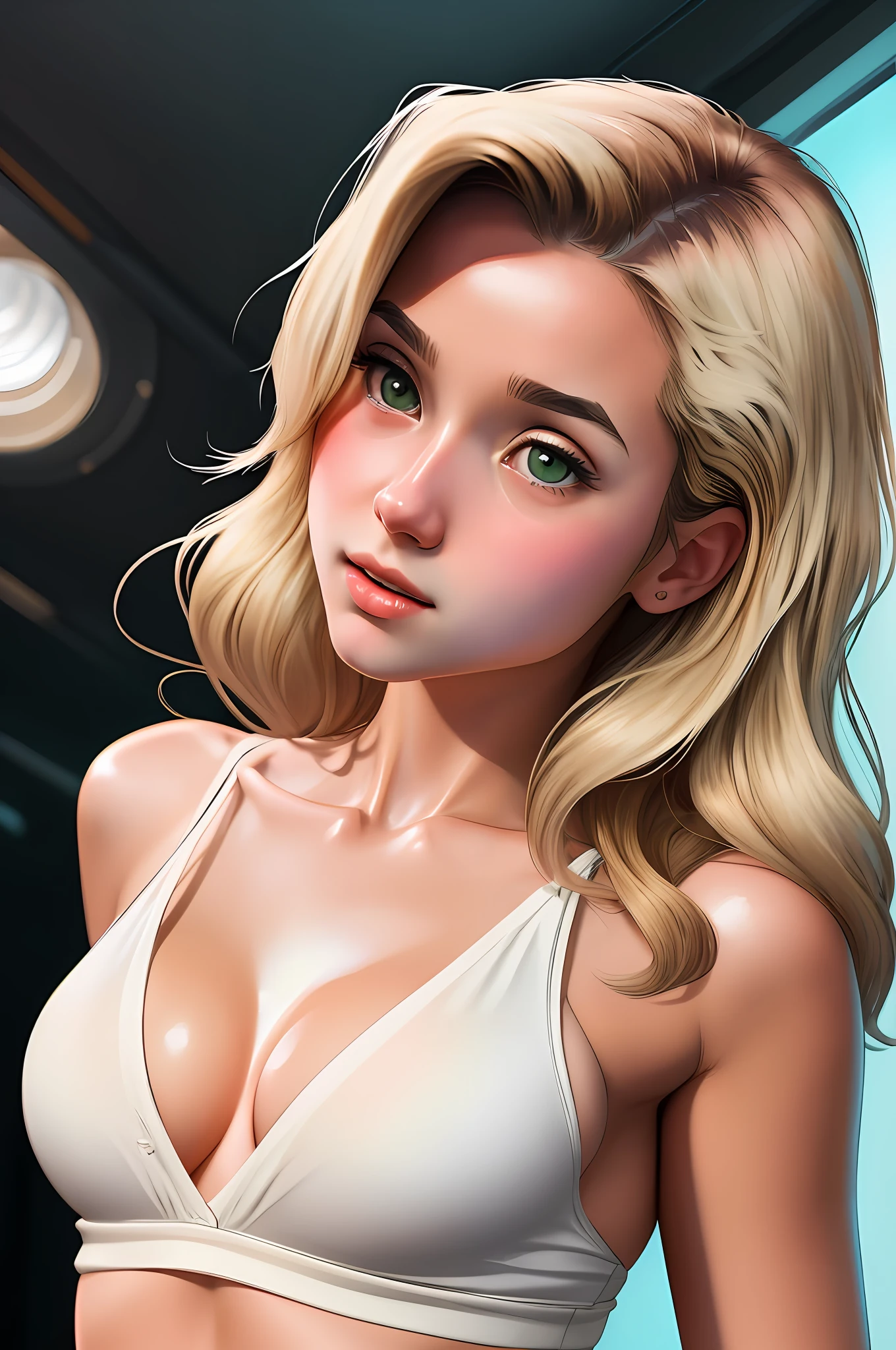 (dreamlikeart style:0.8),( redshift style:1.1),(analog style:1.11), (studio_ghibli_anime_style style:0.8), (copeseethemald style:0.9), glossy, thepit bimbo,

[Kay Adams|Tea Leoni], woman, 1girls, solo, detailed face,  symmetric, cute,  plunging neckline,  small breast, lips,
green eyes,realistic pupils, closeup,

blonde hair, 
white buttoned shirt, red thong,
thigh high thong,

centered, looking down, standing, centered, skin pores, realistic skin, subsurface skin scattering, detailed skin, shiny skin, midriff,

bunker, detailed background, items,
realistic proportions, blushing, retro, 1800s, vintage,

light rays, caustics, 

masterpiece, best quality, realistic, hyperrealistic,  sharp focus, absurdres, good anatomy,