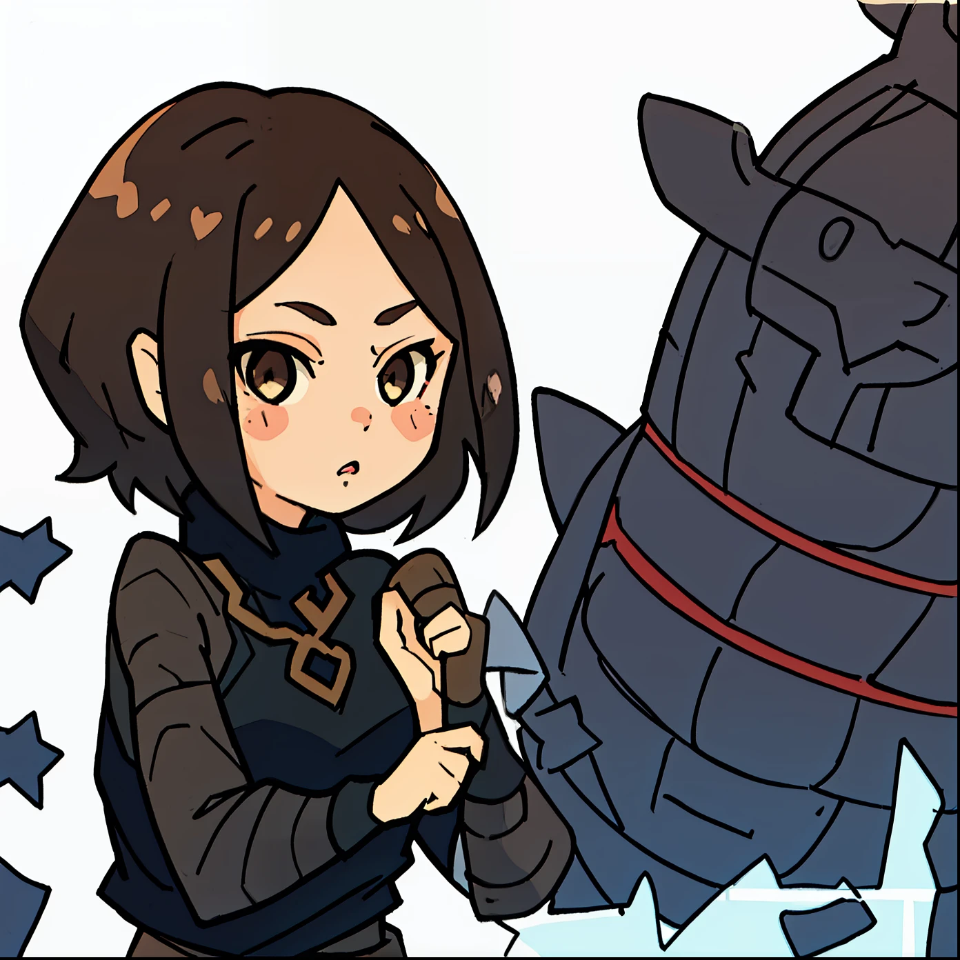 1 girl, high resolution, dynamic, short brown hair, pretty and cute face, black turtleneck, mobface style, white background, chibi style, in love, heart