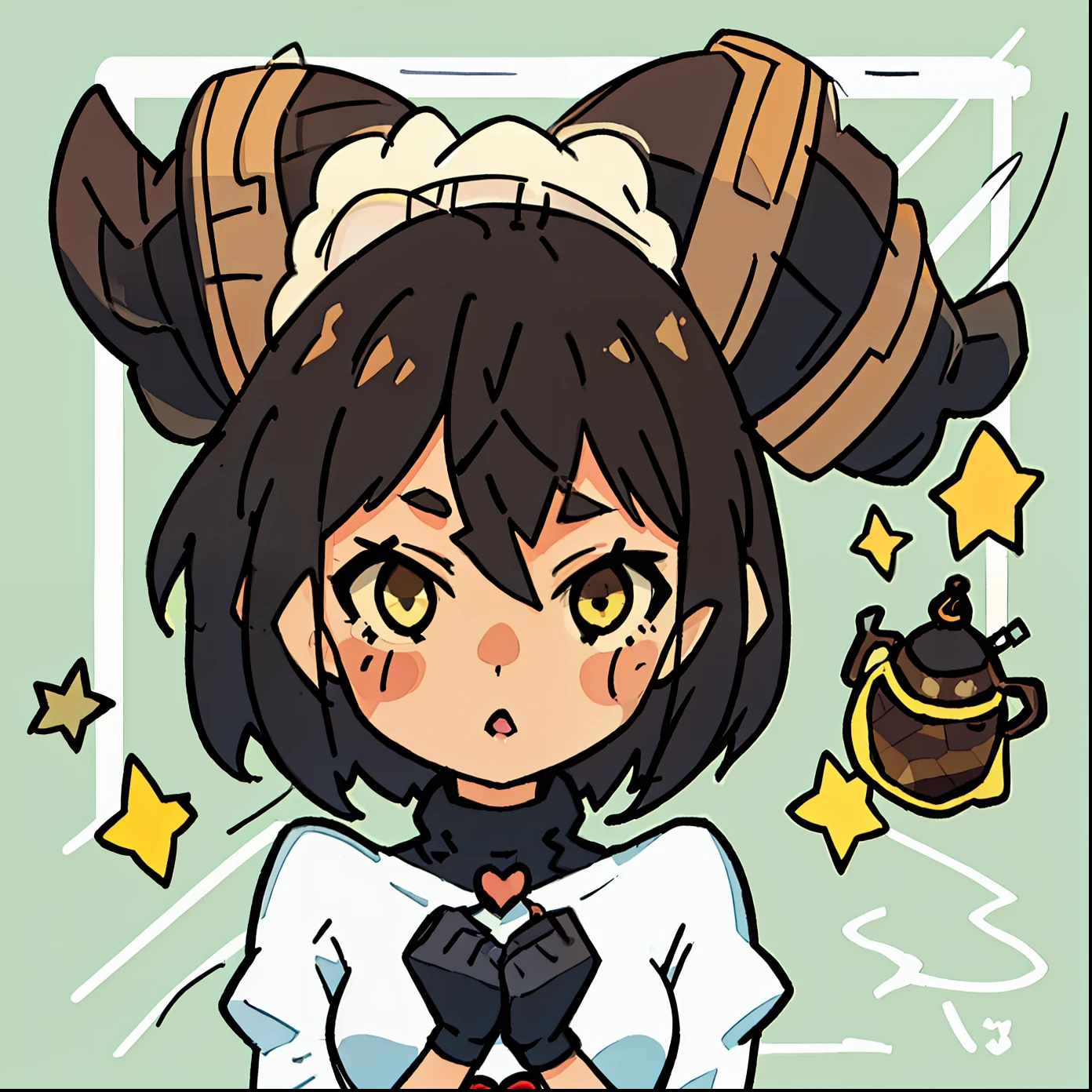 1 girl, high resolution, dynamic, short brown hair, pretty and cute face, black turtleneck, mobface style, white background, chibi style, in love, heart